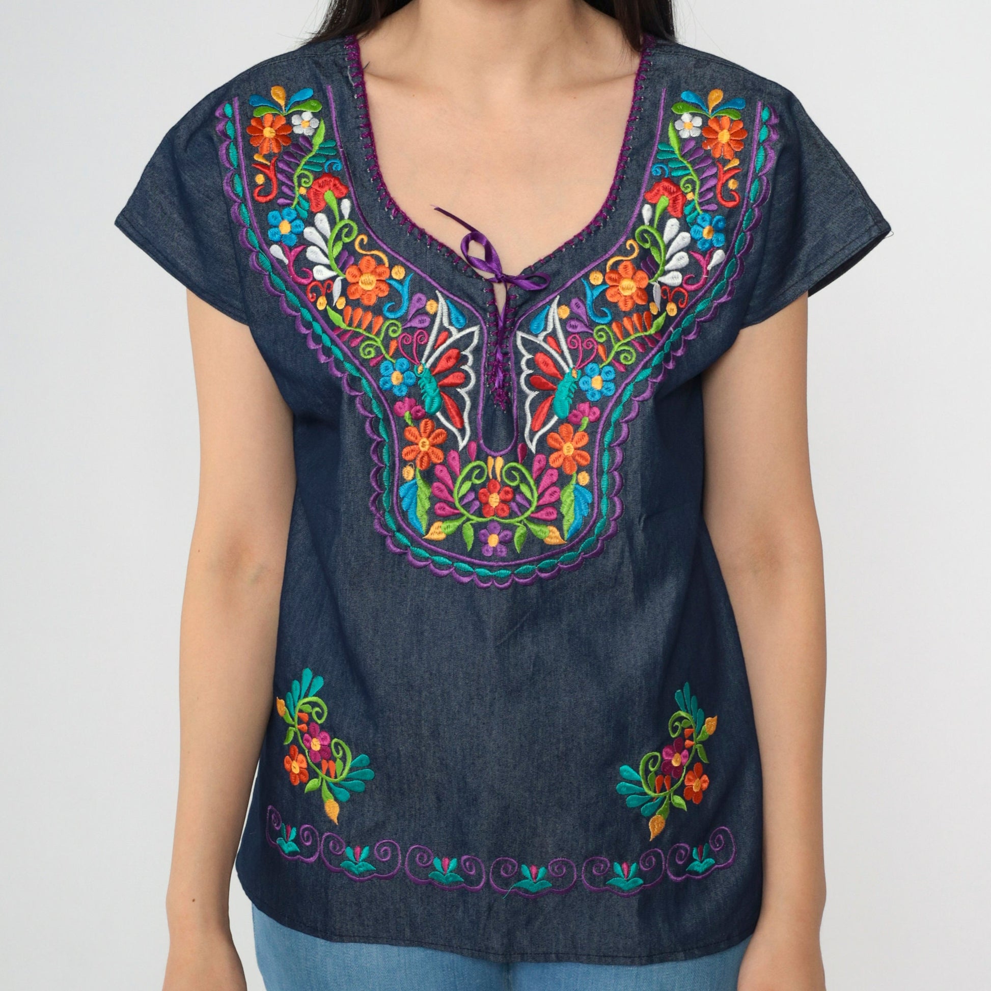 Y2K Chambray Embroidered Butterfly Floral Lace-Up Top Dark Blue Small