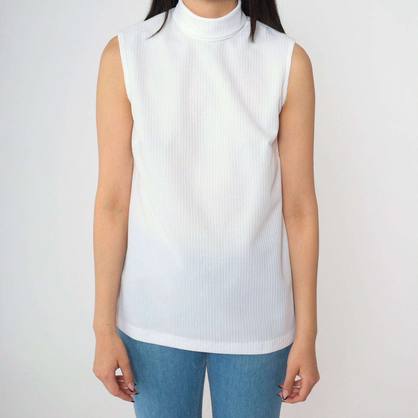 70s White Ribbed Polyester Sleeveless Turtleneck Tank Small