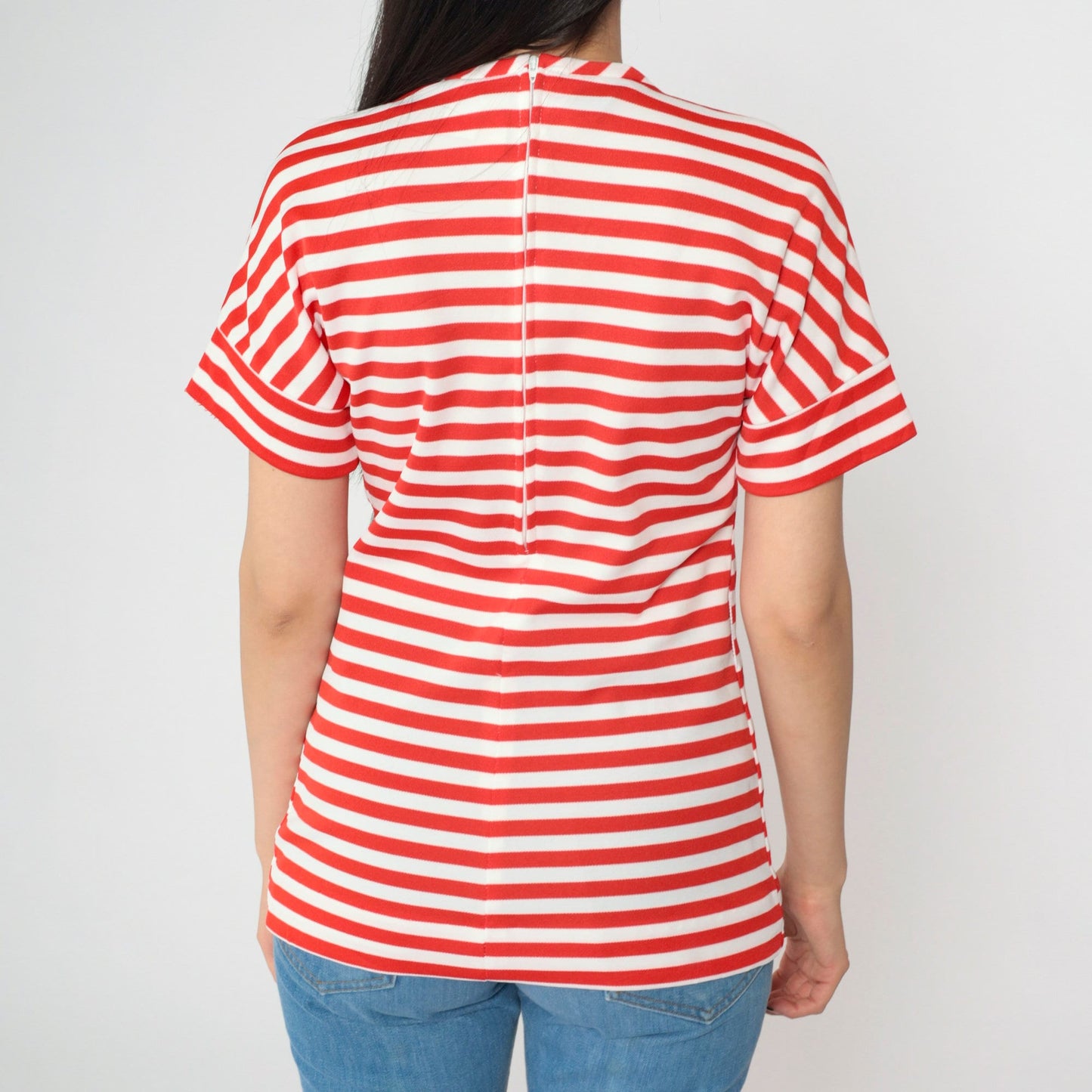 70s Jonathan Logan Striped Blouse Red White Short Sleeve Rear Zip Small
