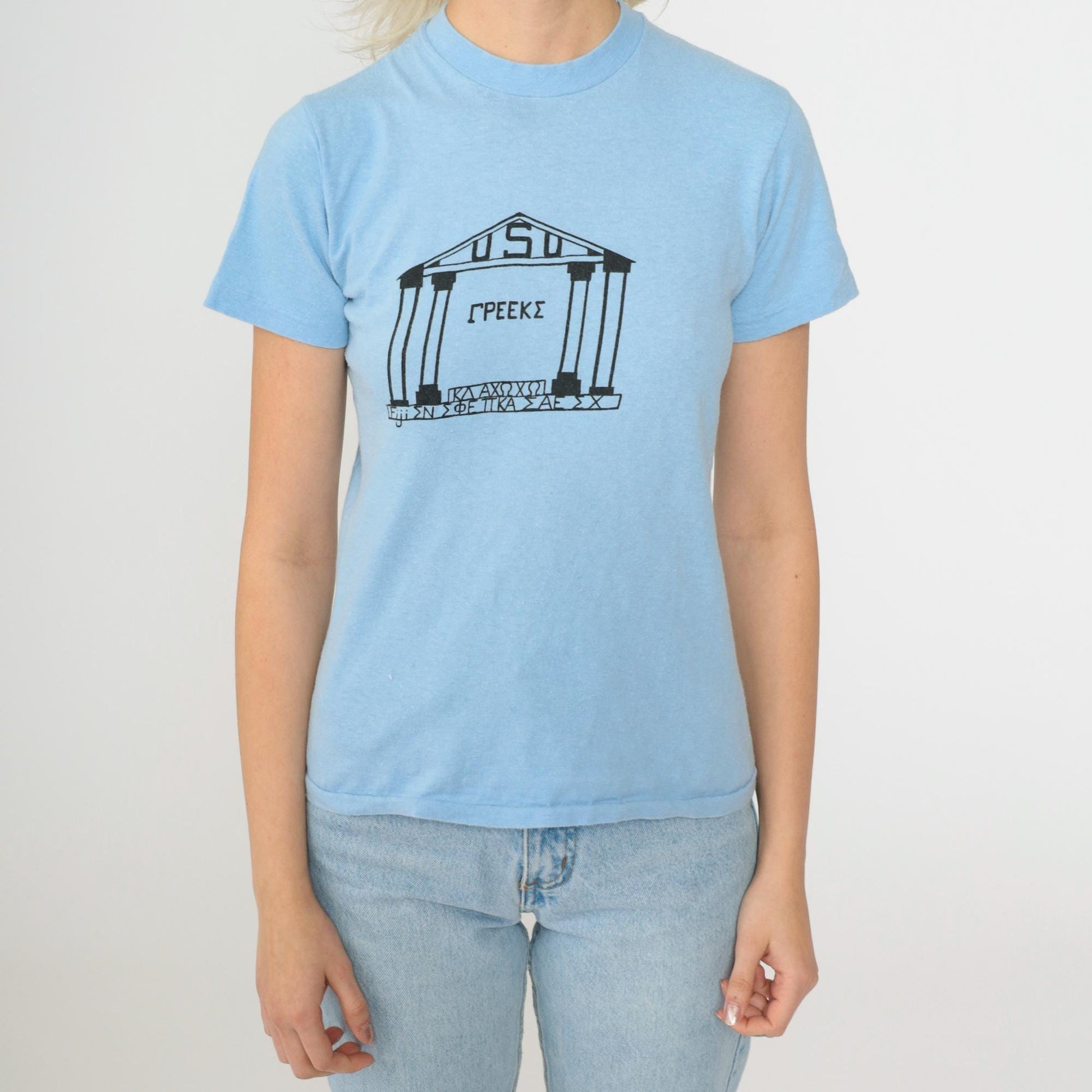 80s Utah State University Greek Life T-Shirt Baby Blue Hanes Single Stitch Extra Small