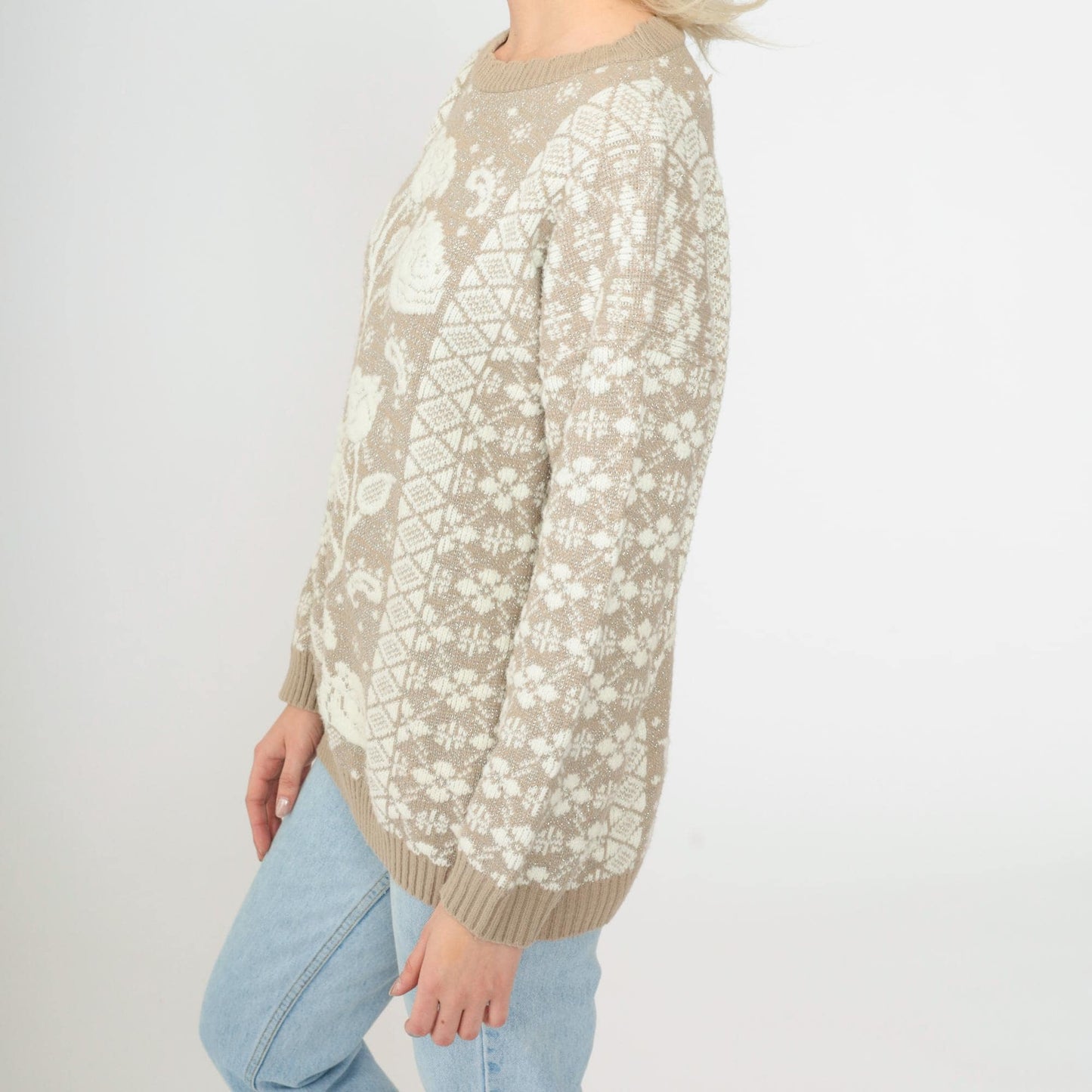 80s Metallic Floral Geometric Knit Sweater Taupe Medium M