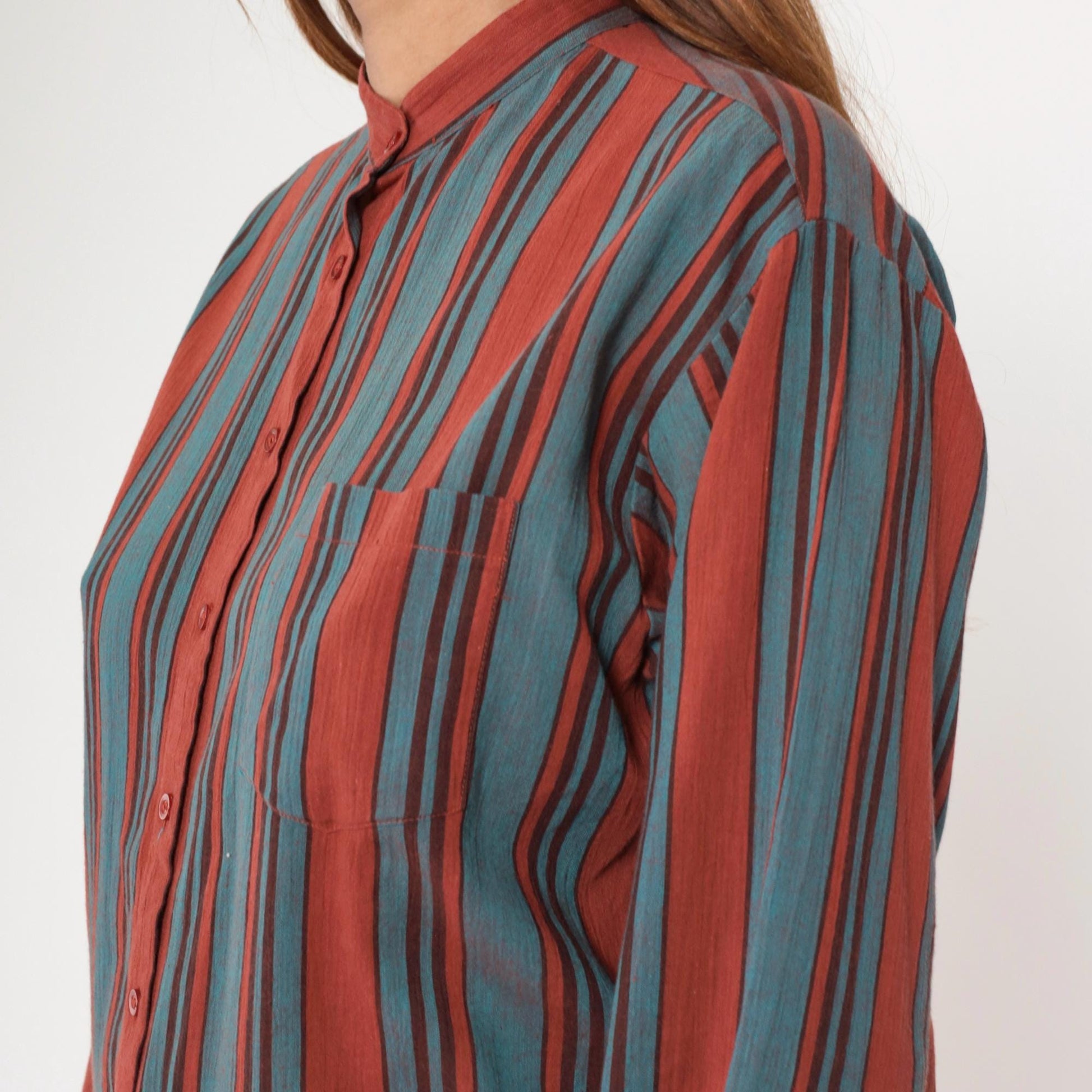 80s Lady Manhattan Striped Button-Up Blouse Rust Red Turquoise Mandarin Collar Large