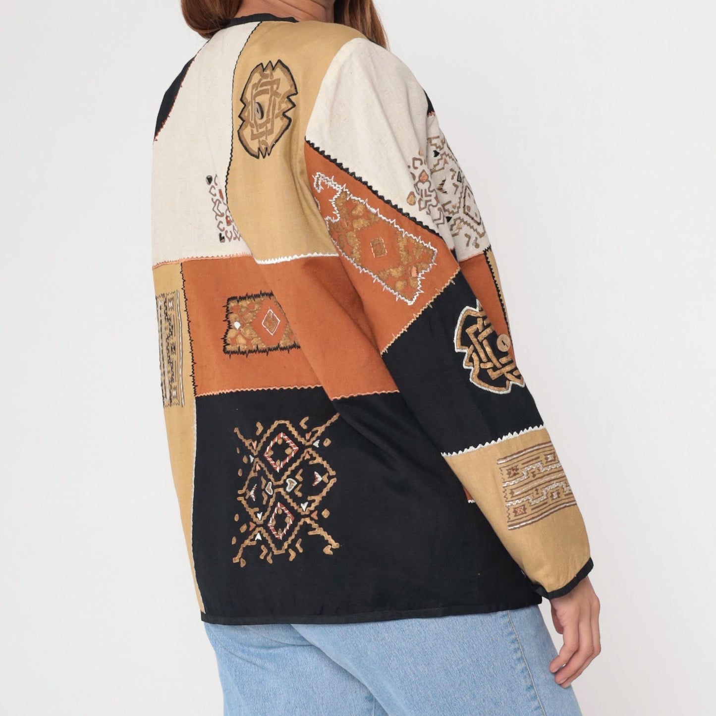 90s Allure Patchwork Geometric Blazer Metallic Tan Black Burnt Orange Medium