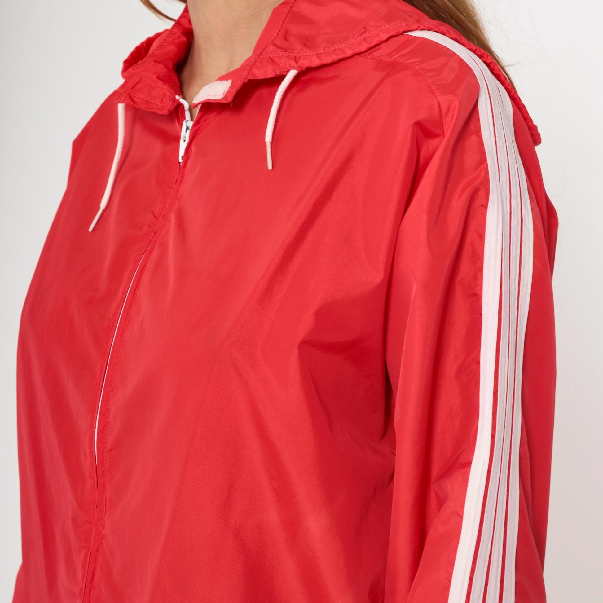 90s SUB4 Red Nylon Windbreaker Hooded Jacket Striped Sleeves Medium
