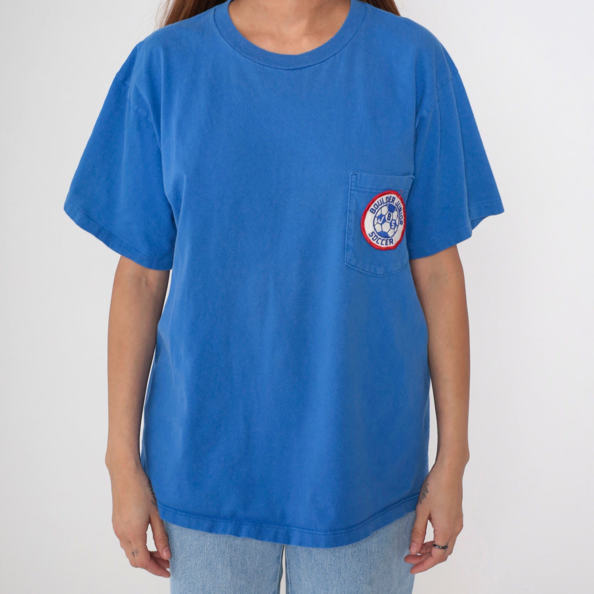 90s Boulder Junior Soccer Patch T-Shirt Blue Cotton Graphic Tee Large L