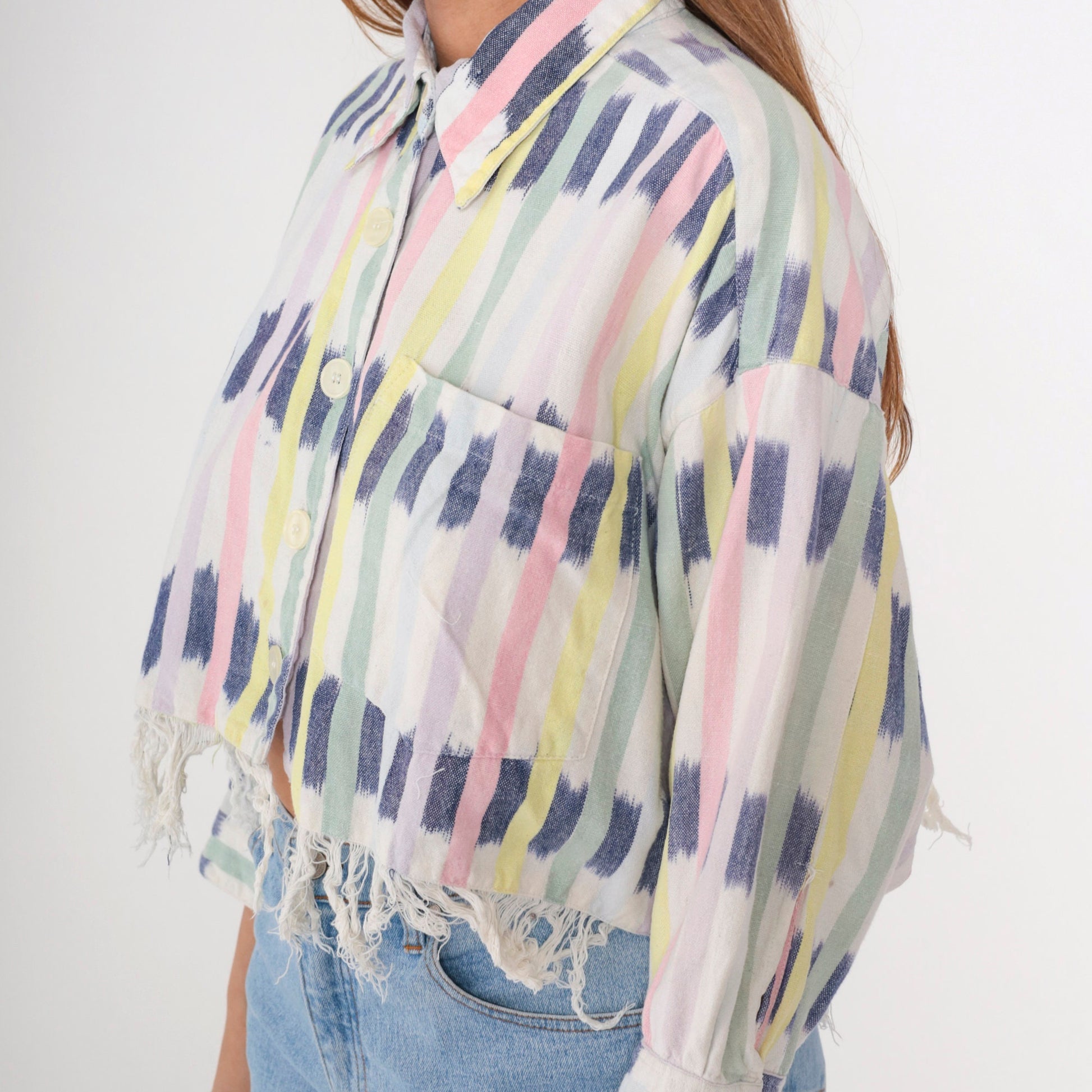 90s Ikat Striped Cotton Blouse Button-Up Long Sleeve Cropped White Small