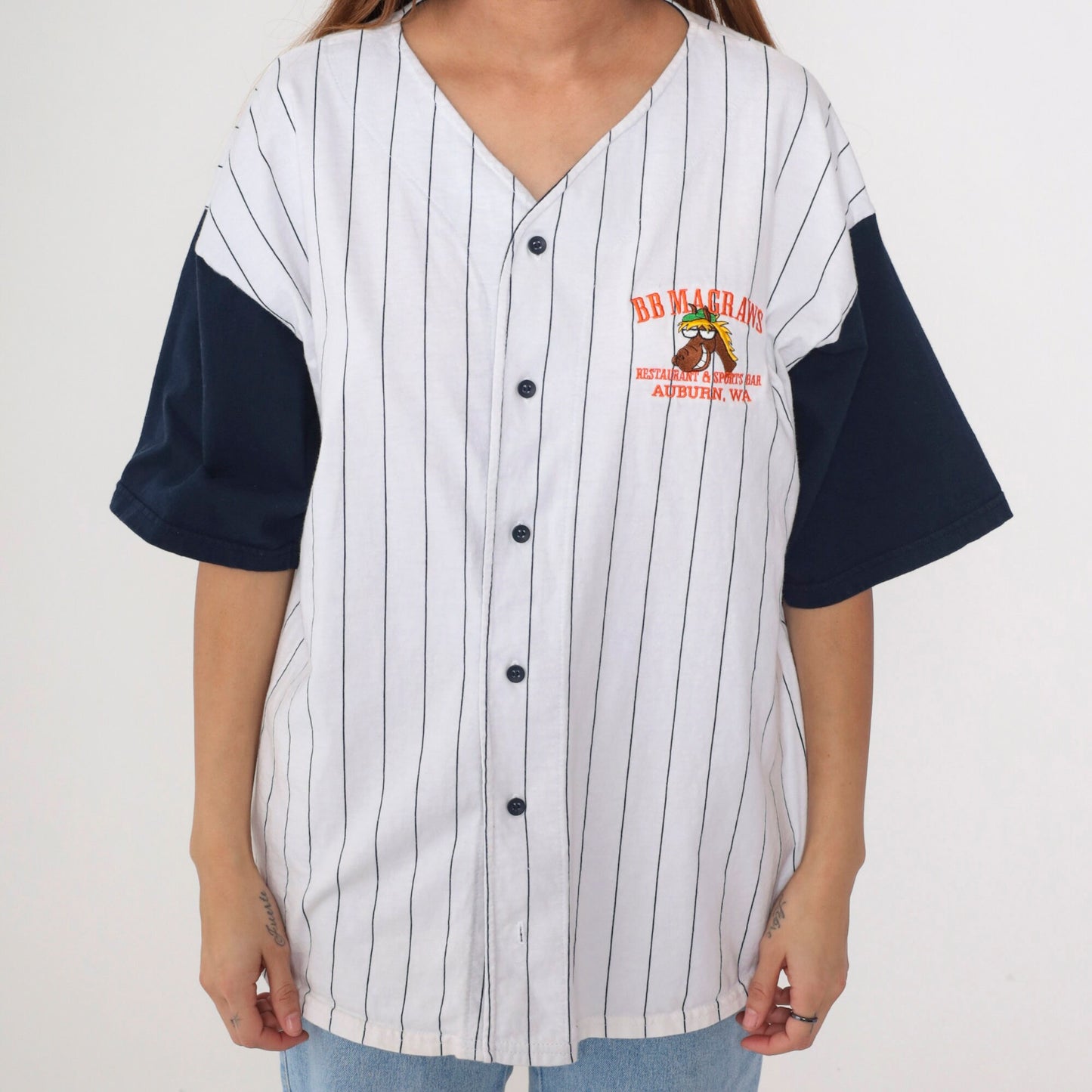 90s BB Magraws Auburn WA Baseball Shirt Navy Pinstripe Cotton Jersey Extra Large