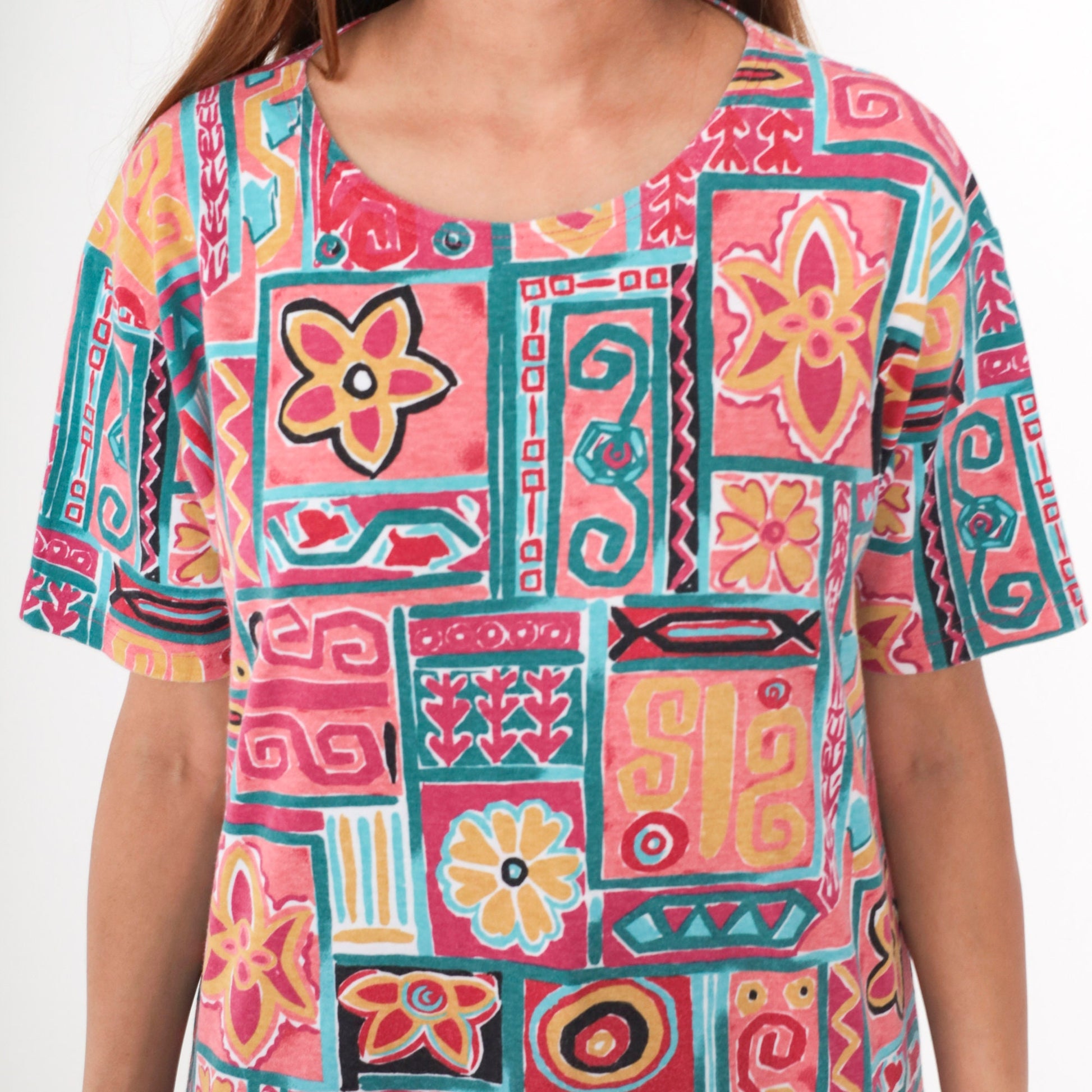 90s Geometric Floral T-Shirt Pink Teal Cotton Blend Medium