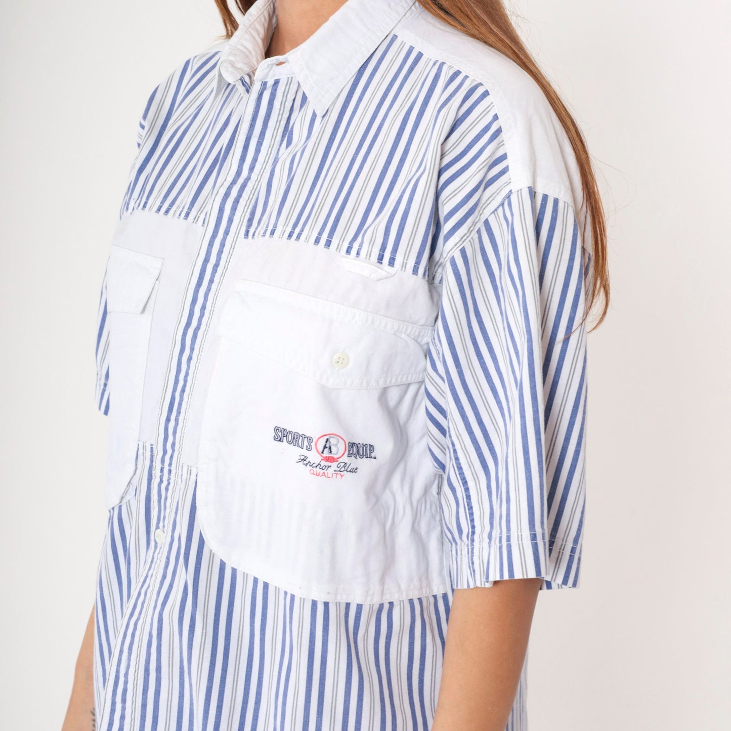 90s Anchor Blue Striped Cargo Shirt White Blue Cotton Button Up Medium