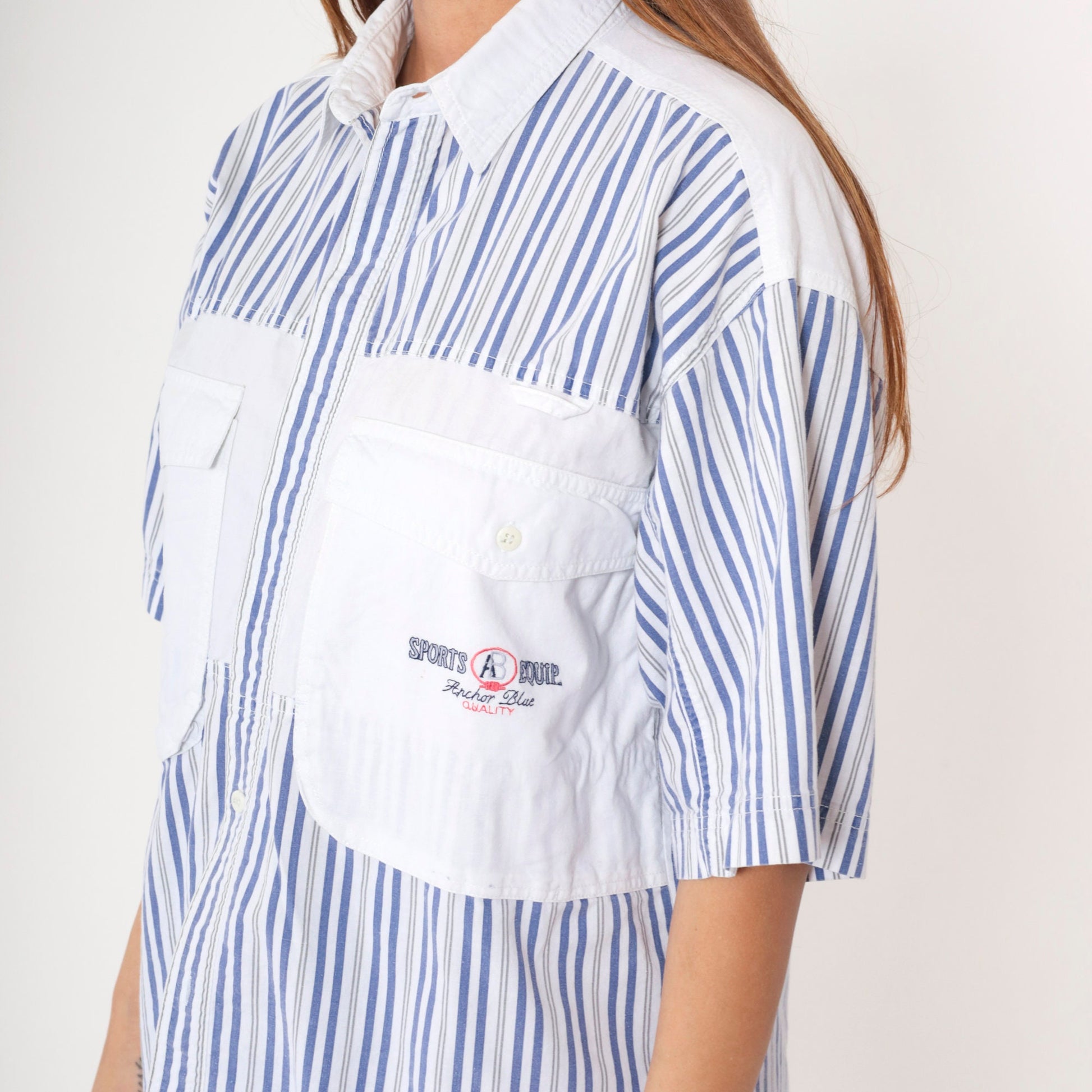 90s Anchor Blue Striped Cargo Shirt White Blue Cotton Button Up Medium