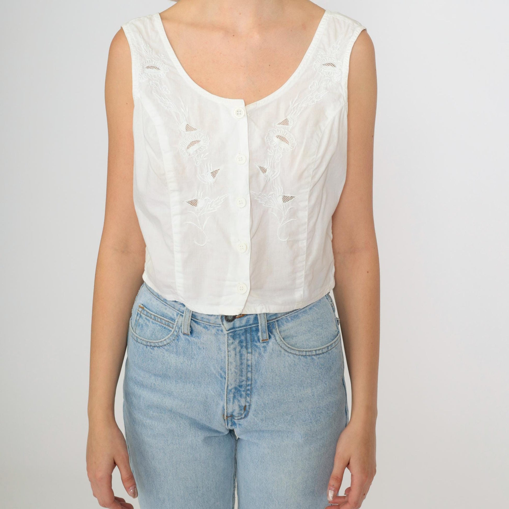 90s Munalisa Floral Embroidered Tank Top White Mesh Cutwork Small