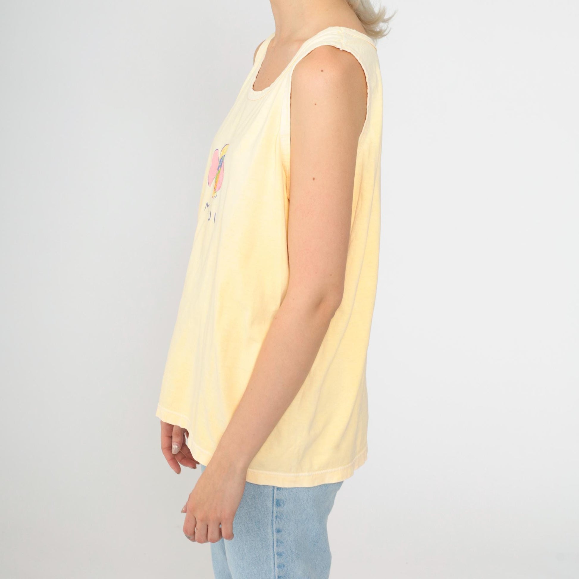 90s Maui Fish Shirt Yellow Tropical Tank Top Cotton Medium