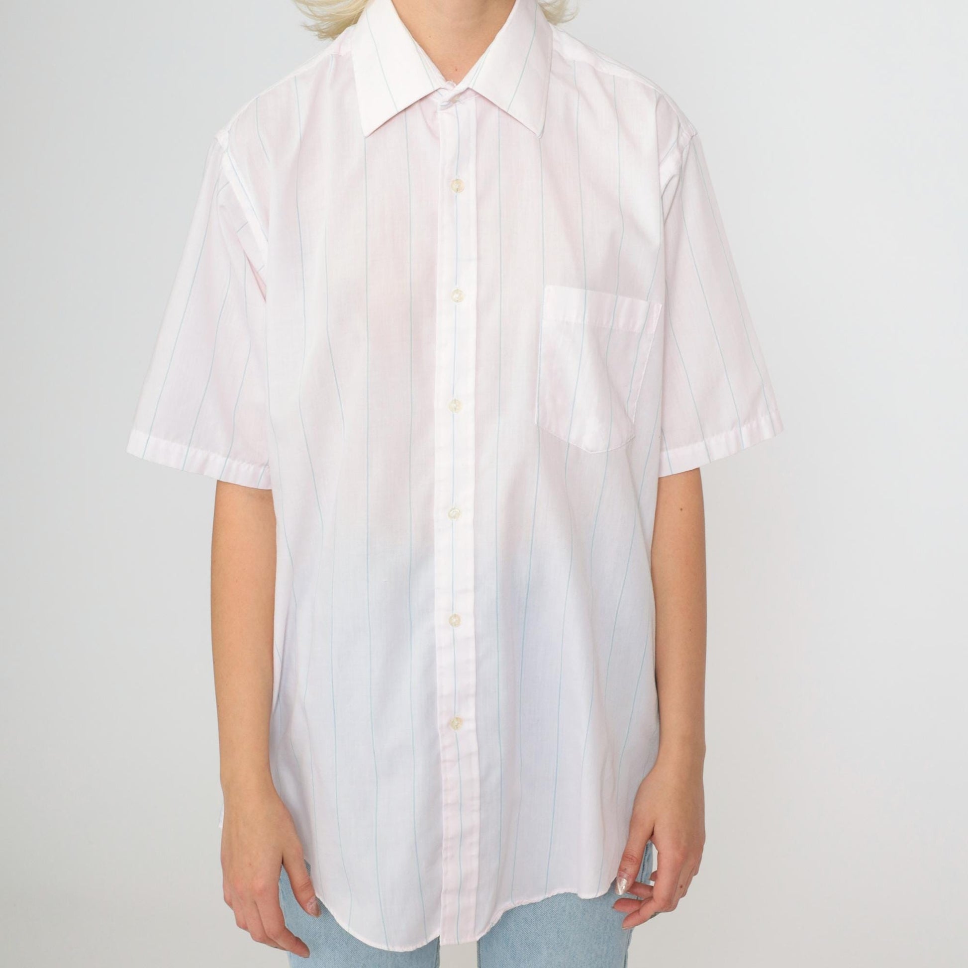 90s Van Heusen Striped Oxford Button-Up Shirt Baby Pink Blue Men's Medium