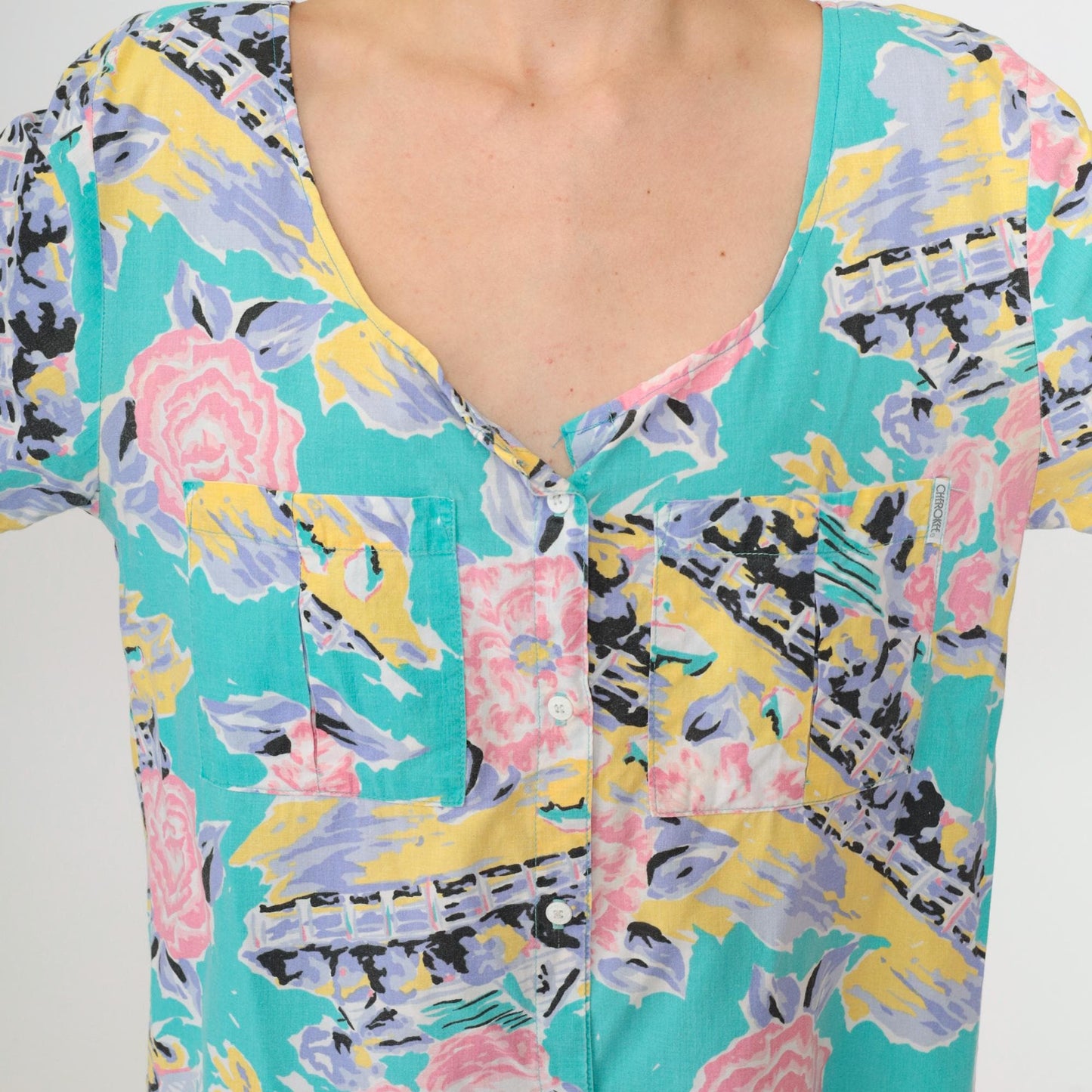 90s Cherokee Turquoise Floral Abstract Button-Up Blouse Short Sleeve Medium