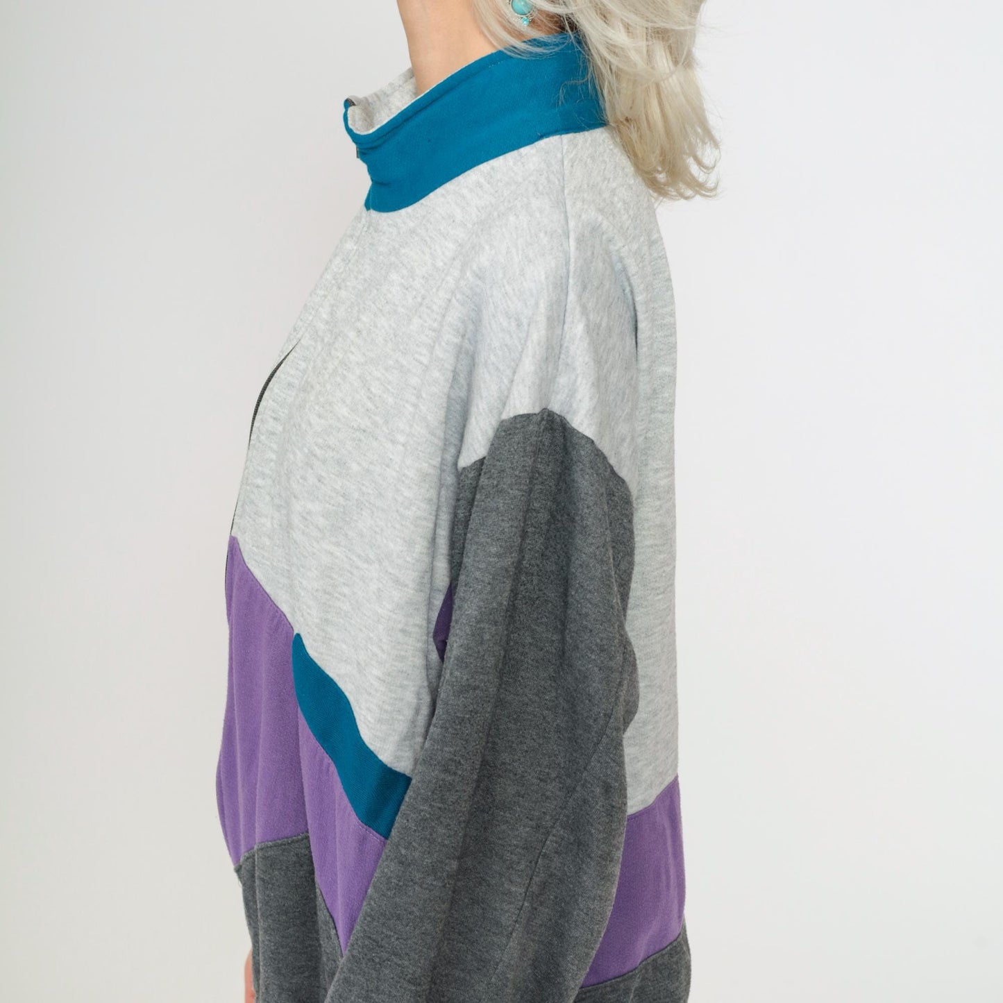 90s Colorblock Zip Sweatshirt Grey Purple Track Jacket Large L