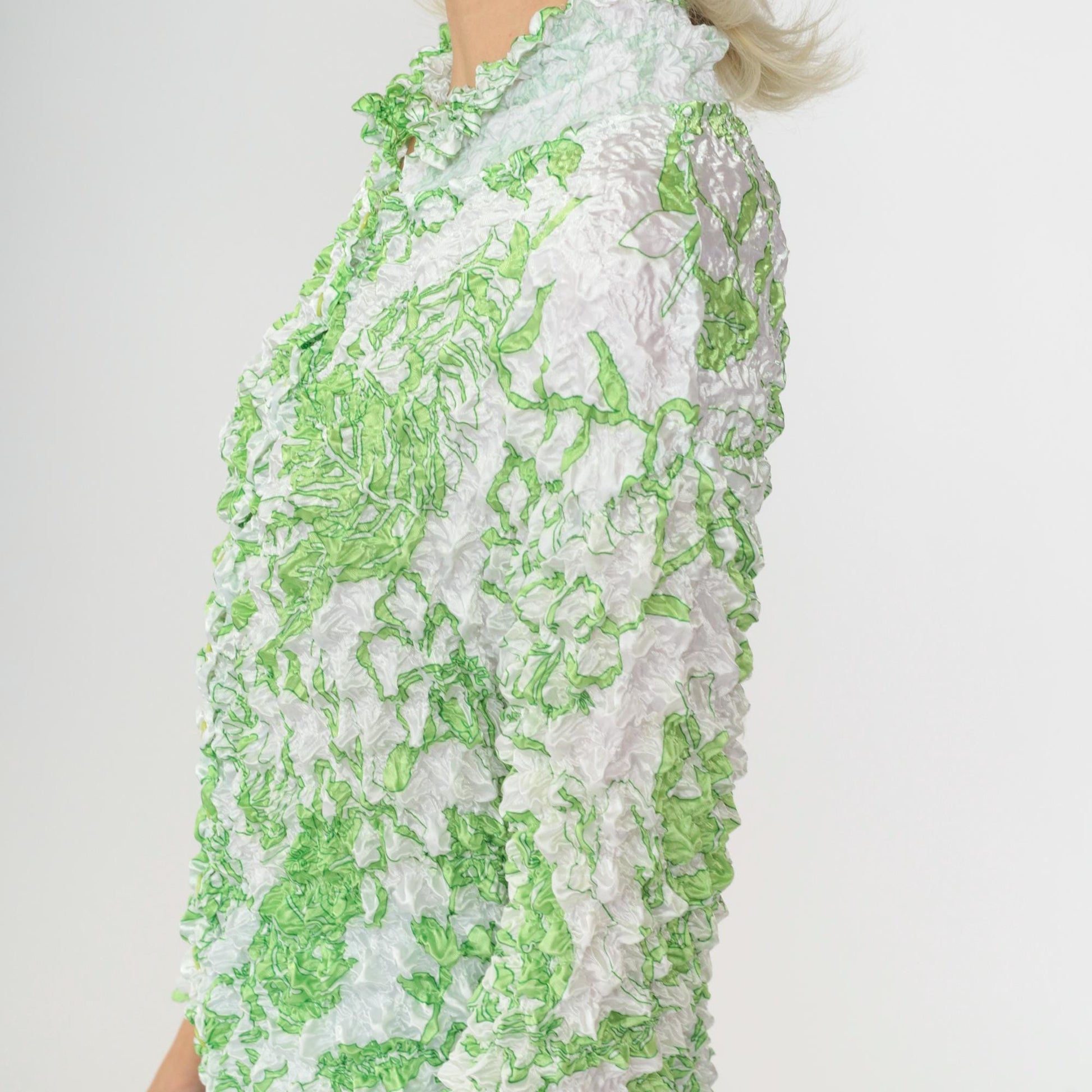 Y2K Tropical Leaf Popcorn Shirt White Green Long Sleeve Button Up Small