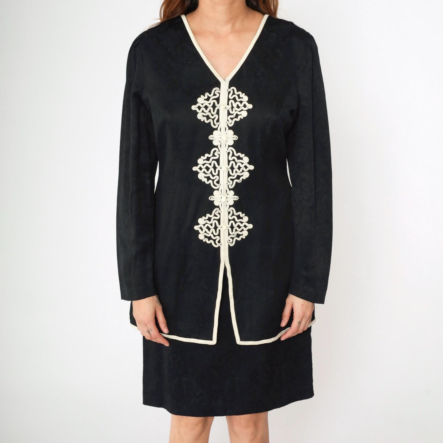90s Black Mini Dress with Soutache Trim and Attached Jacket Small 6