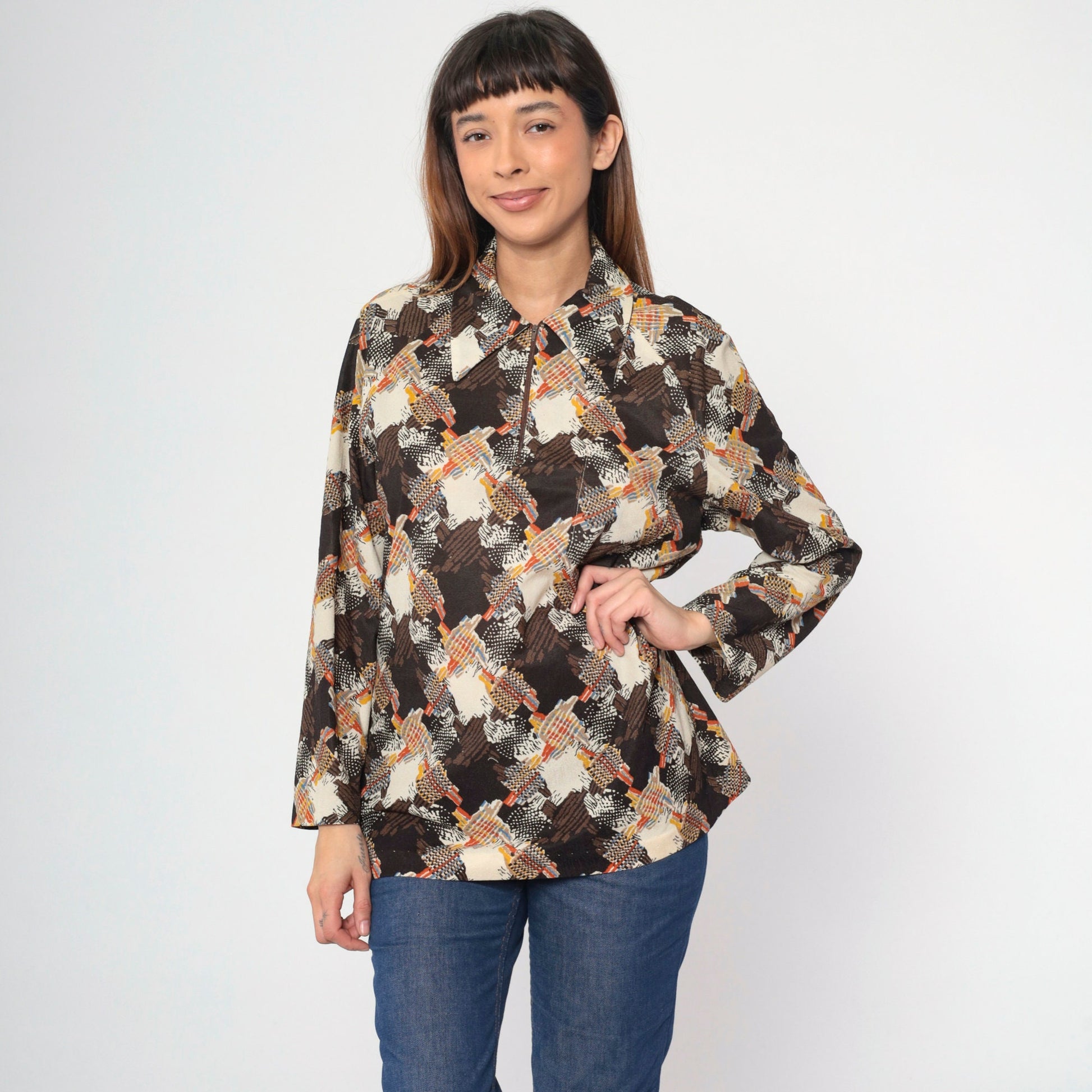 70s Abstract Print Blouse Brown Beige Orange Blue Zip Front Collared Large L
