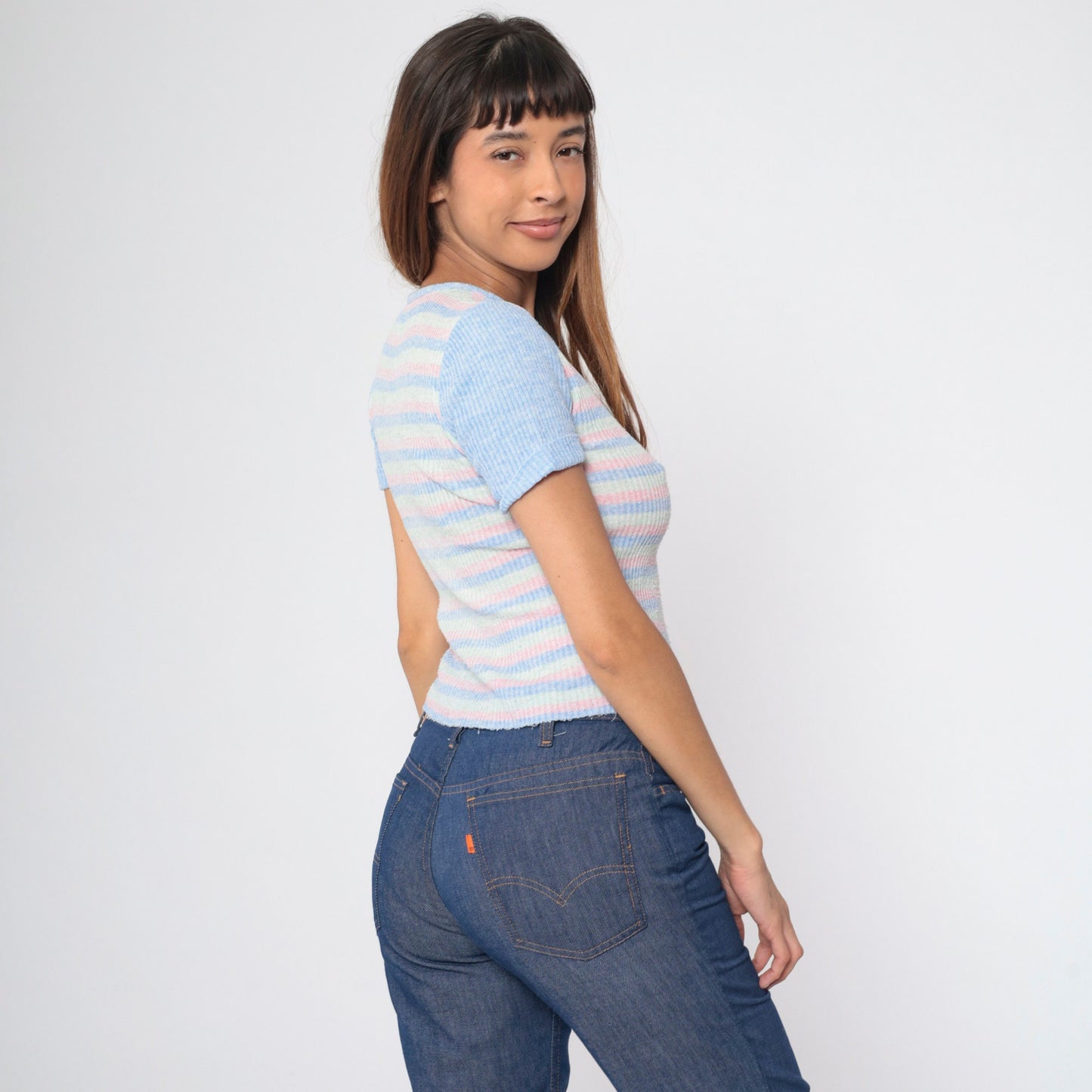 70s Striped Knit Top Pastel Blue Pink Green Ringer Short Sleeve Small