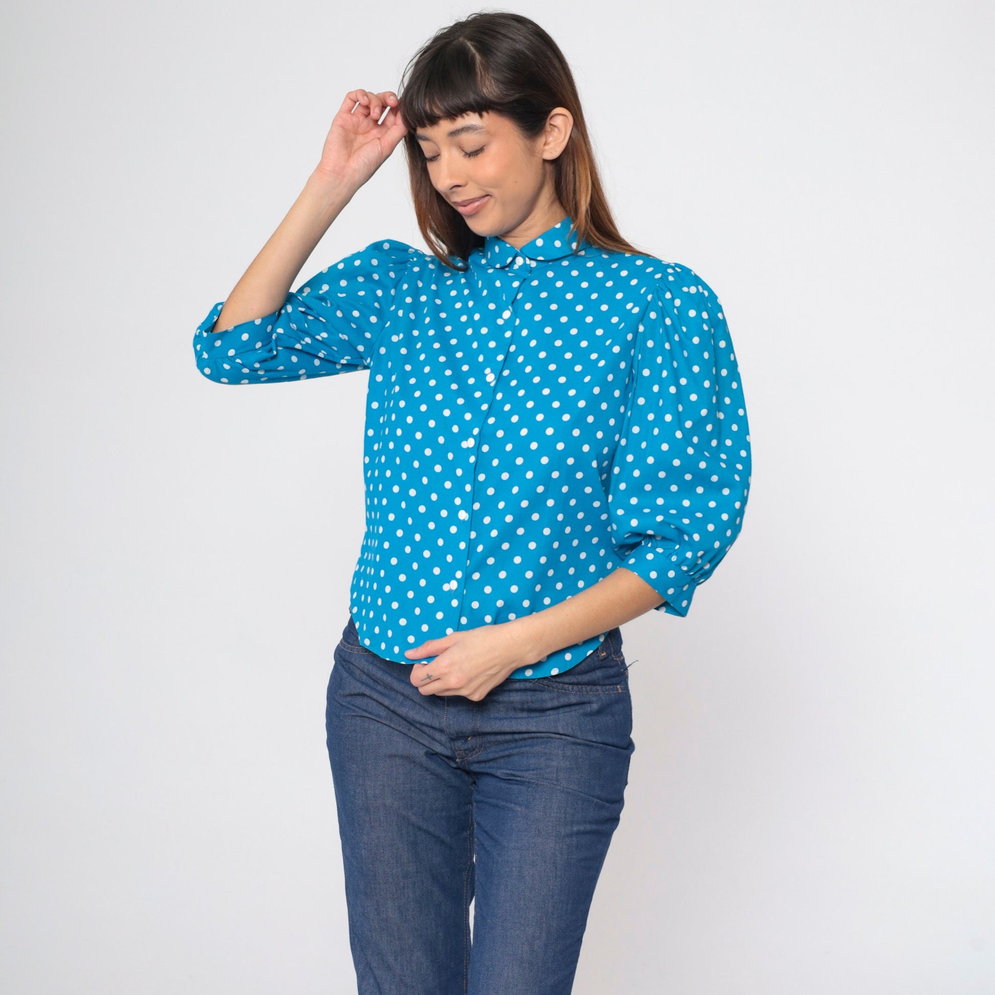 80s Bright Blue Polka Dot Puff Sleeve Button Up Blouse Small S