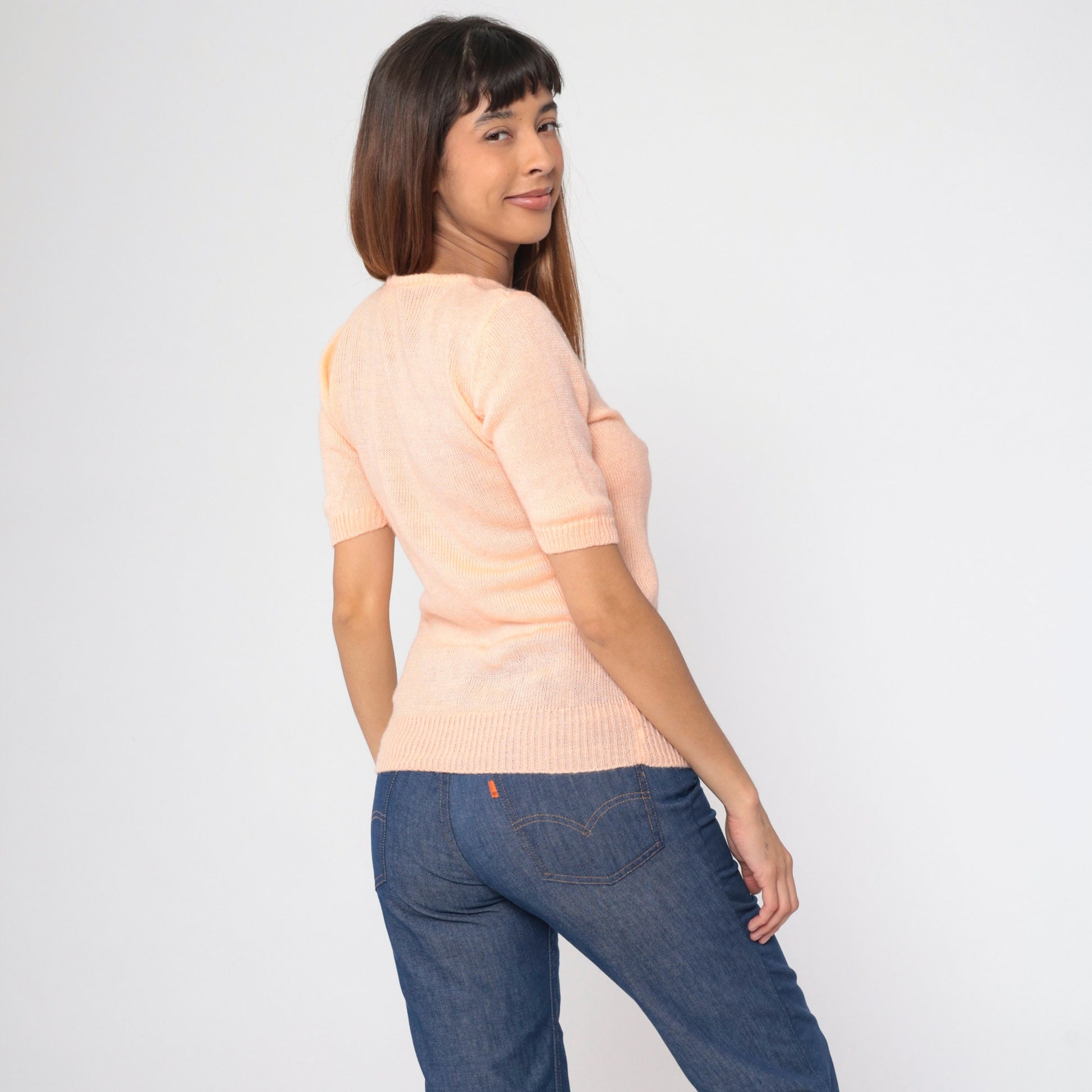 80s Peach Knit Top Beaded Neckline Short Sleeve Blouse Small