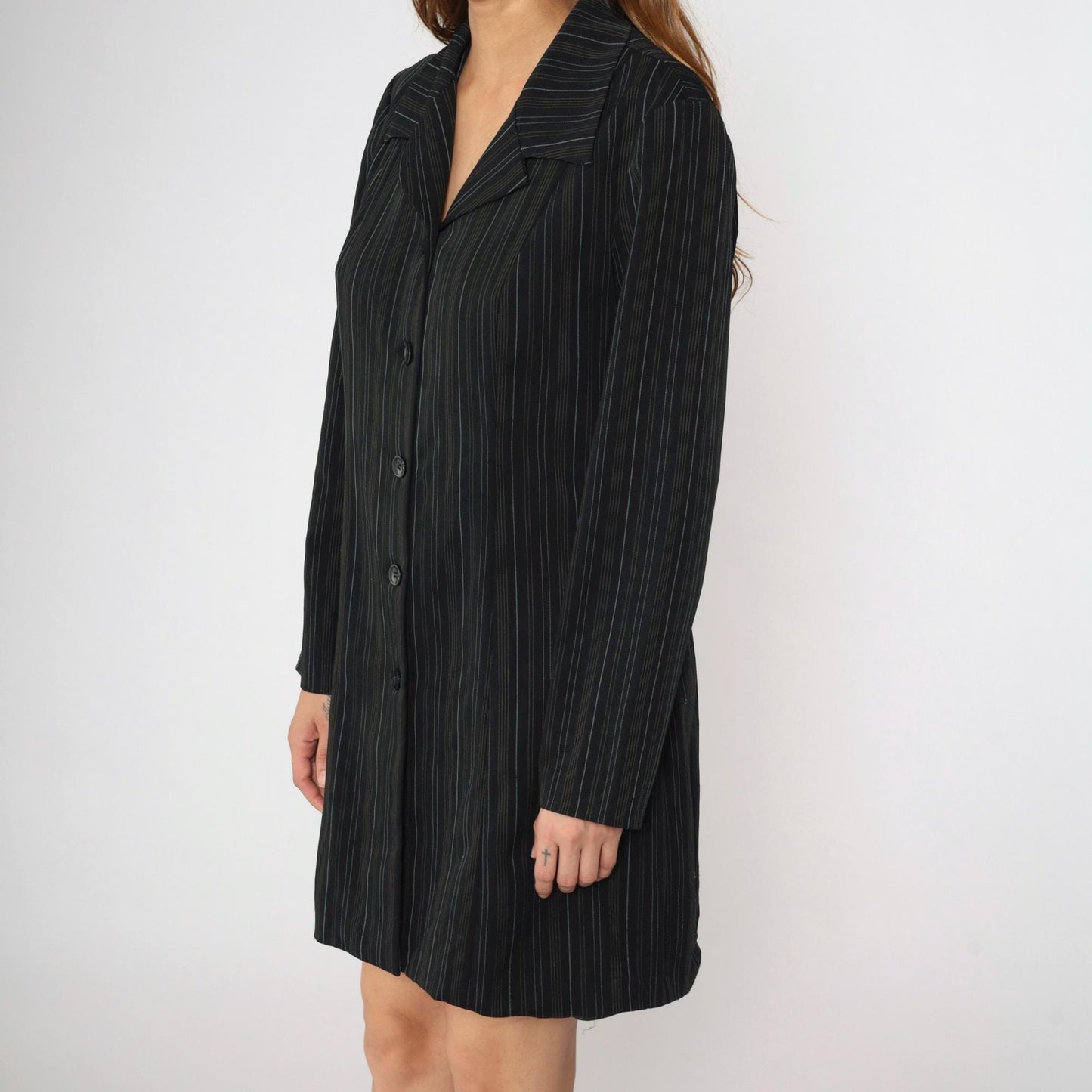 90s Black Pinstripe Jacket Dress Suits Us Collared Button-Front Medium