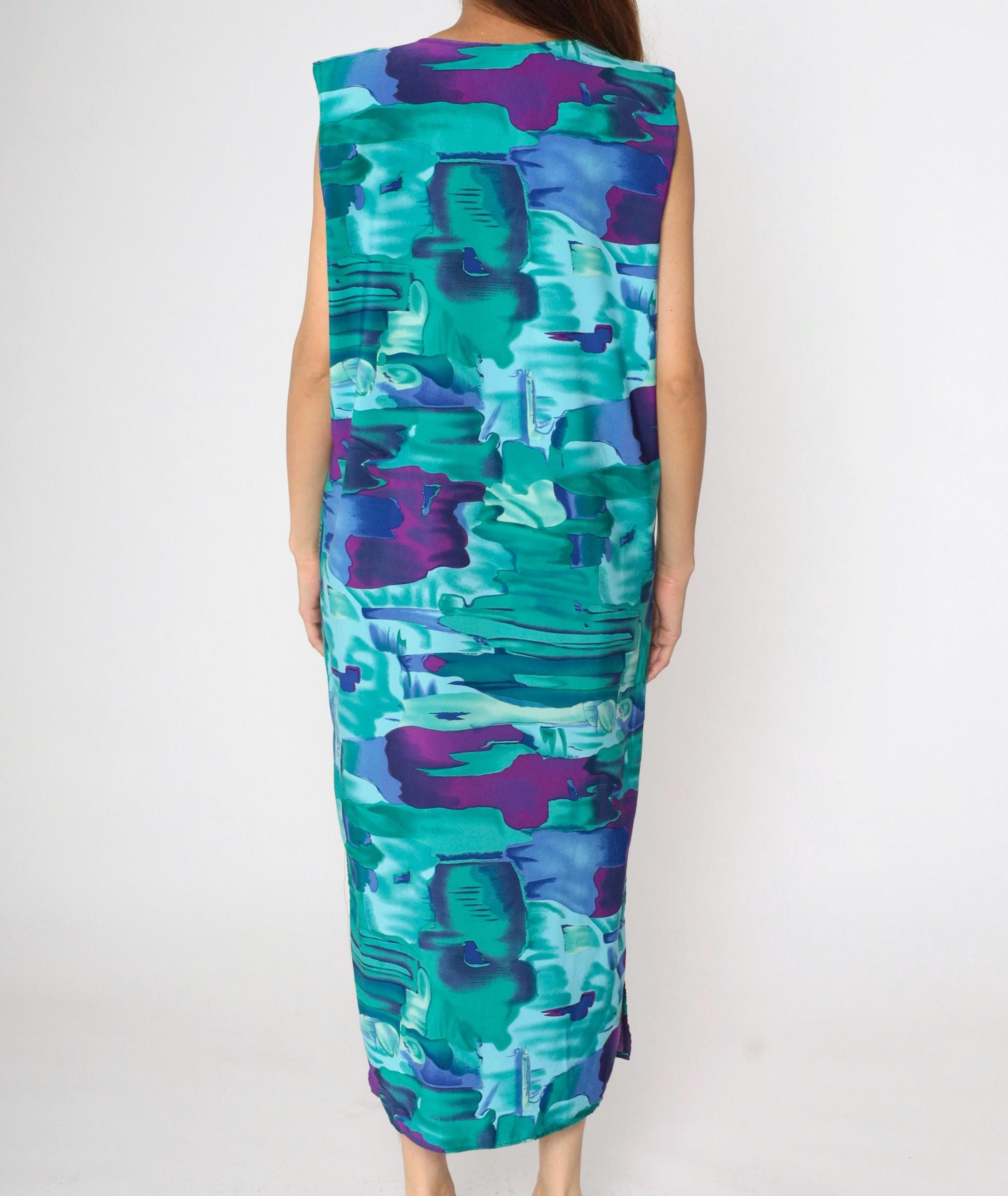 90s Abstract Watercolour Sundress Turquoise Purple Maxi Side Slit Large