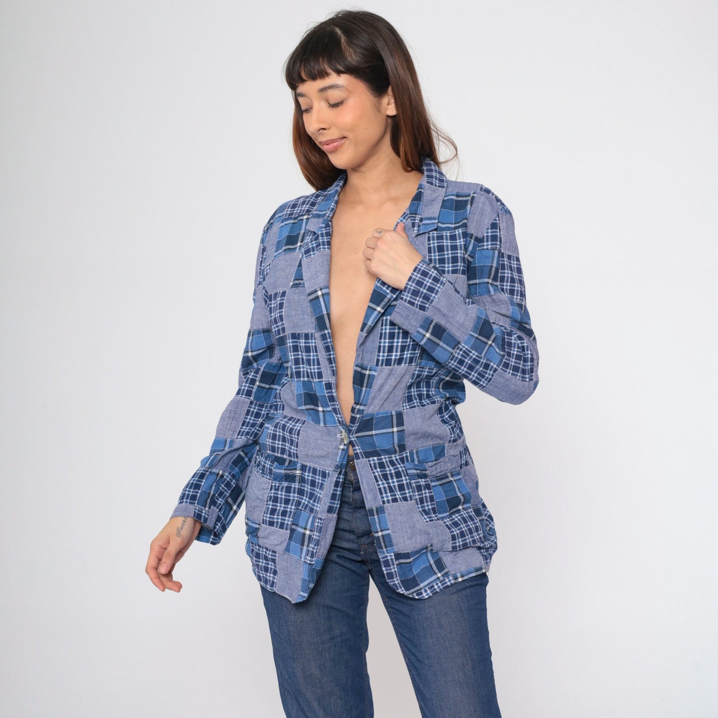 80s Clio Patchwork Plaid Blazer Blue Chambray V-Neck Button-Up Small