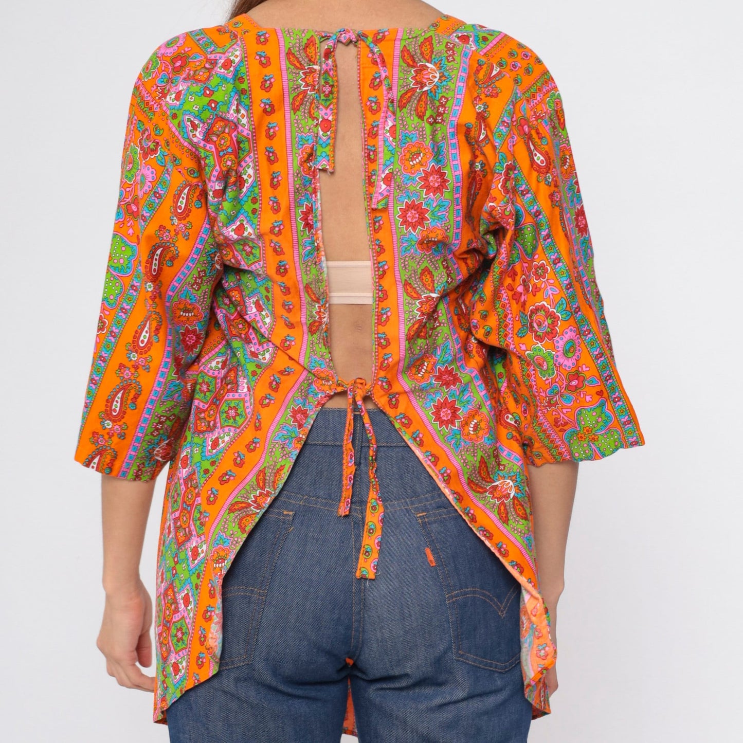 70s Floral Paisley Orange Apron Top Tie Back Tunic Small