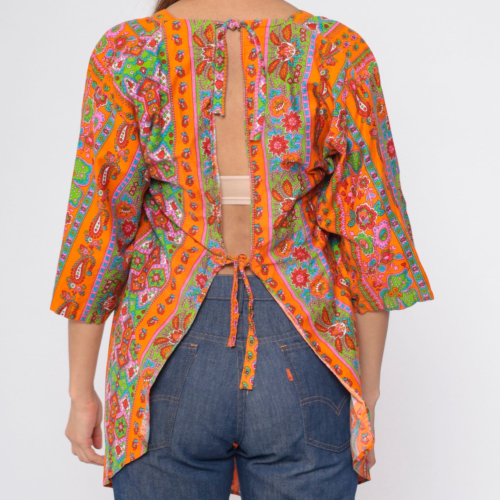 70s Floral Paisley Orange Apron Top Tie Back Tunic Small