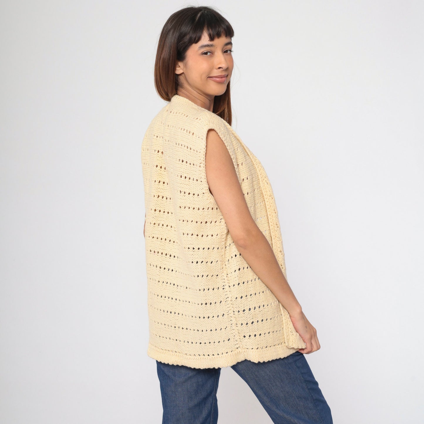 70s Cream Knit Vest Sleeveless V-Neck Sweater Tank Medium