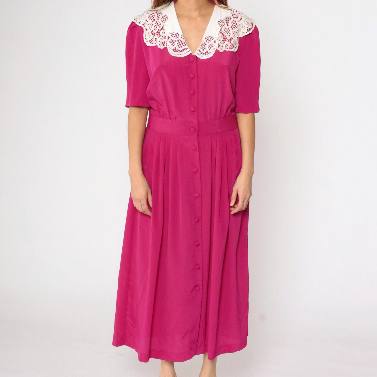 80s Fuchsia Pearl Beaded Lace Collar Button-Up Dress Puff Sleeve Ankle Length Medium