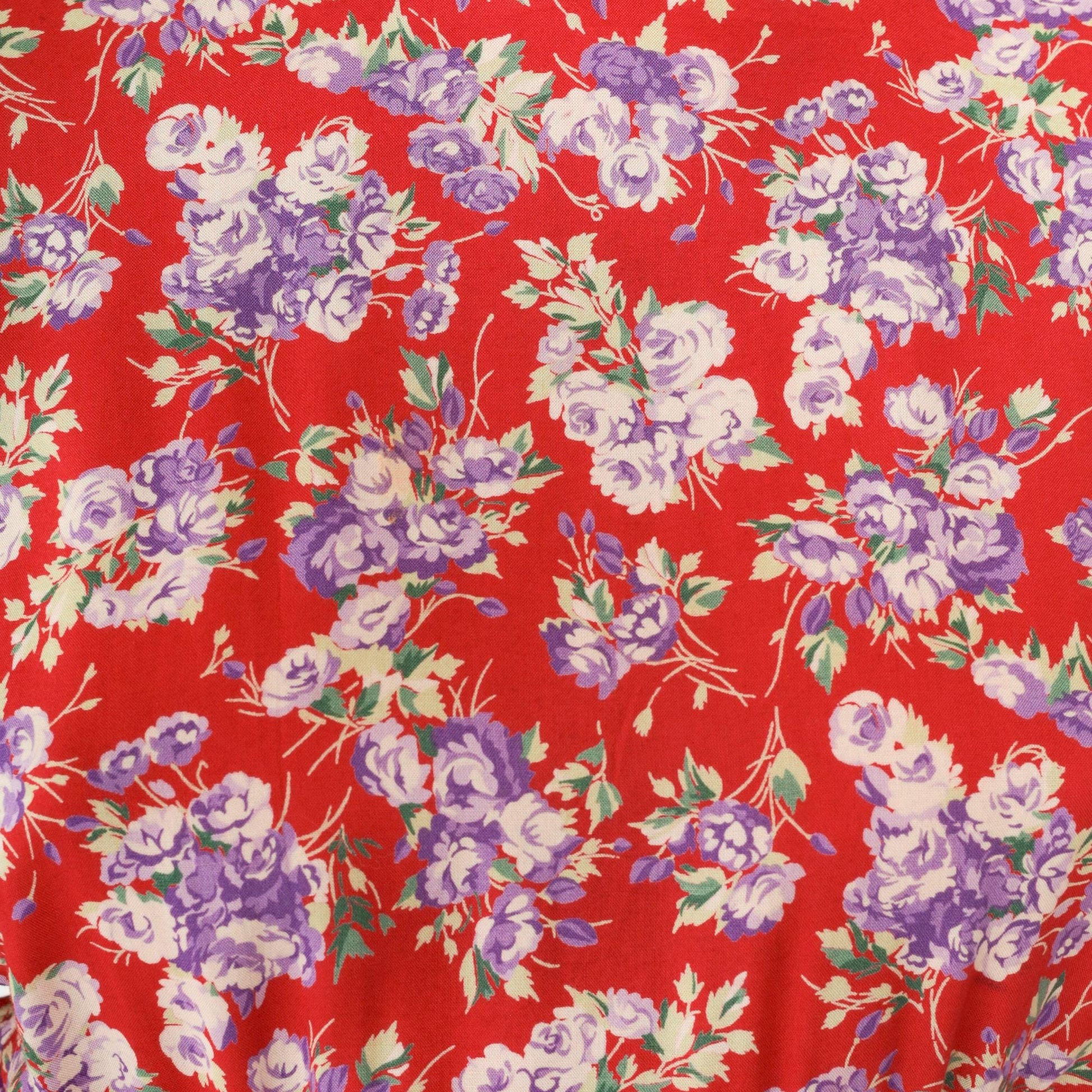 90s Karin Stevens Floral Midi Dress Red Puff Sleeve High Waist Medium 8
