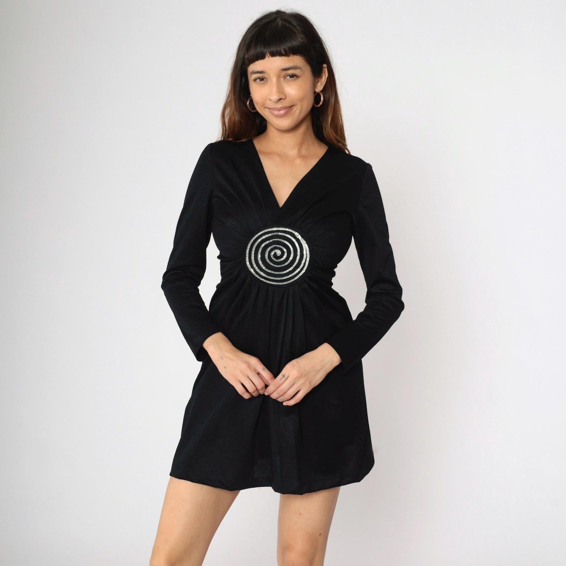 70s Black Sequin Babydoll Mini Dress Empire Waist V Neck Long Sleeve Small