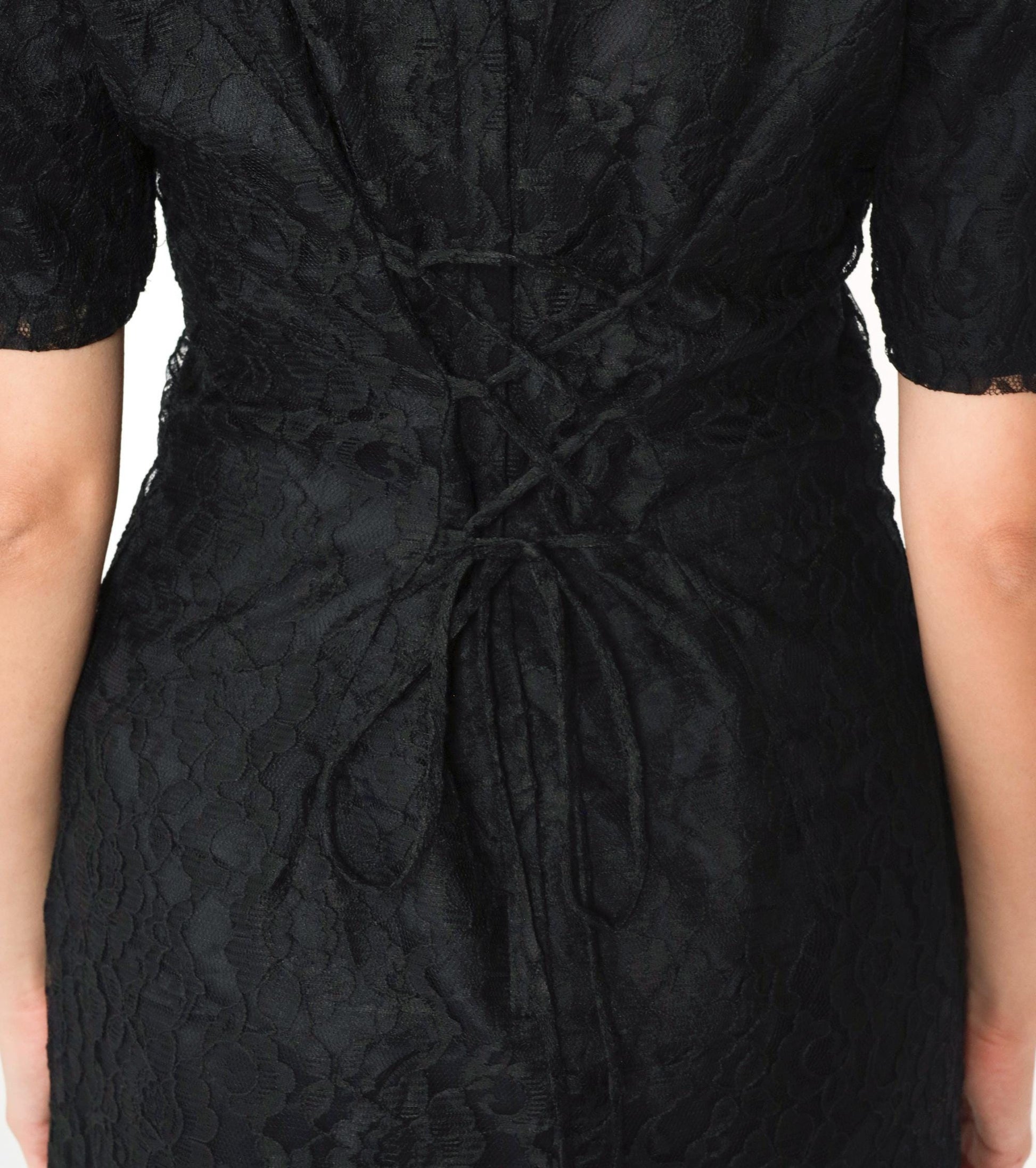 90s Black Lace Midi Dress Sheath Corset Lace-Up Back Short Sleeve Medium