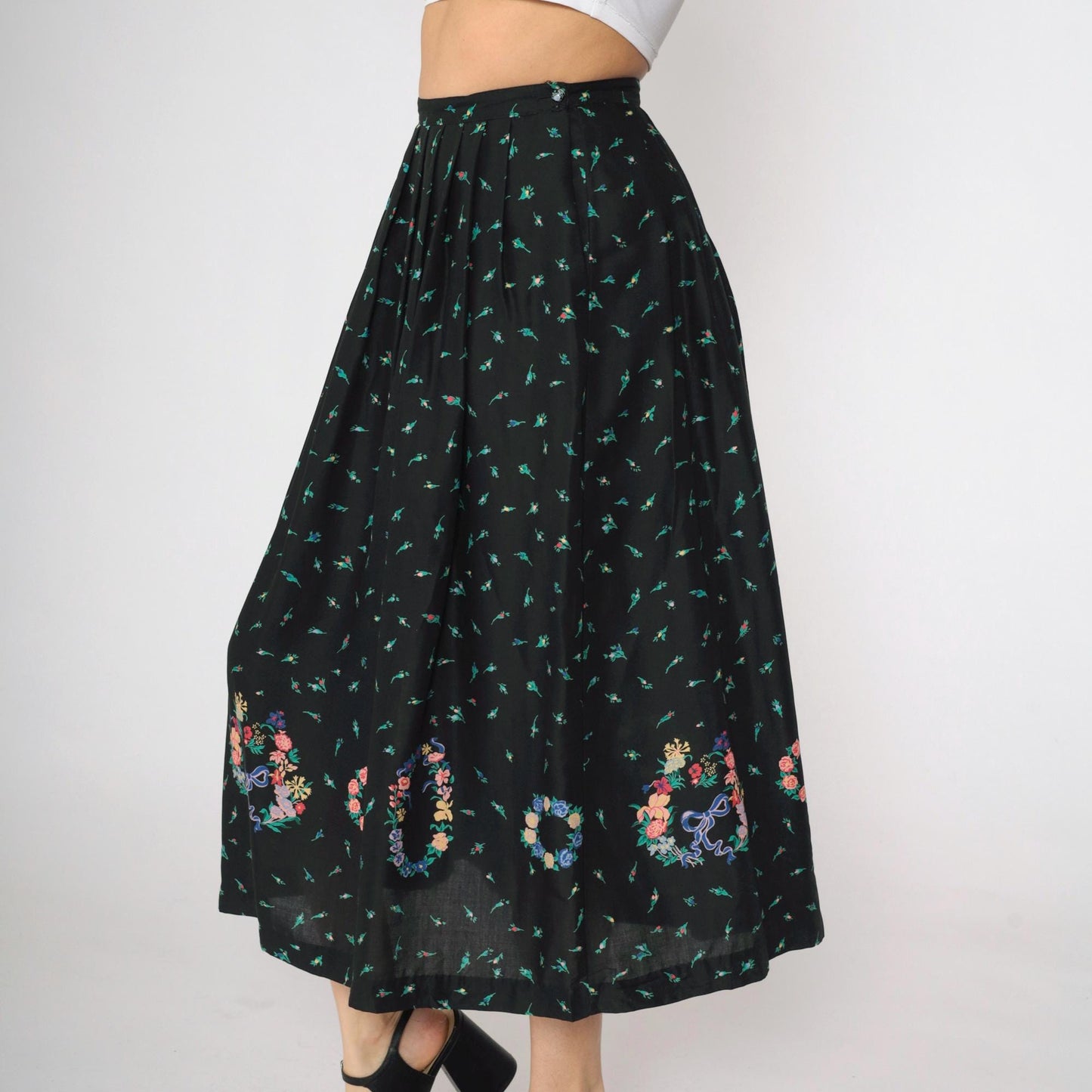 90s The Eagle's Eye Floral Midi Skirt Black Botanical Rayon Small