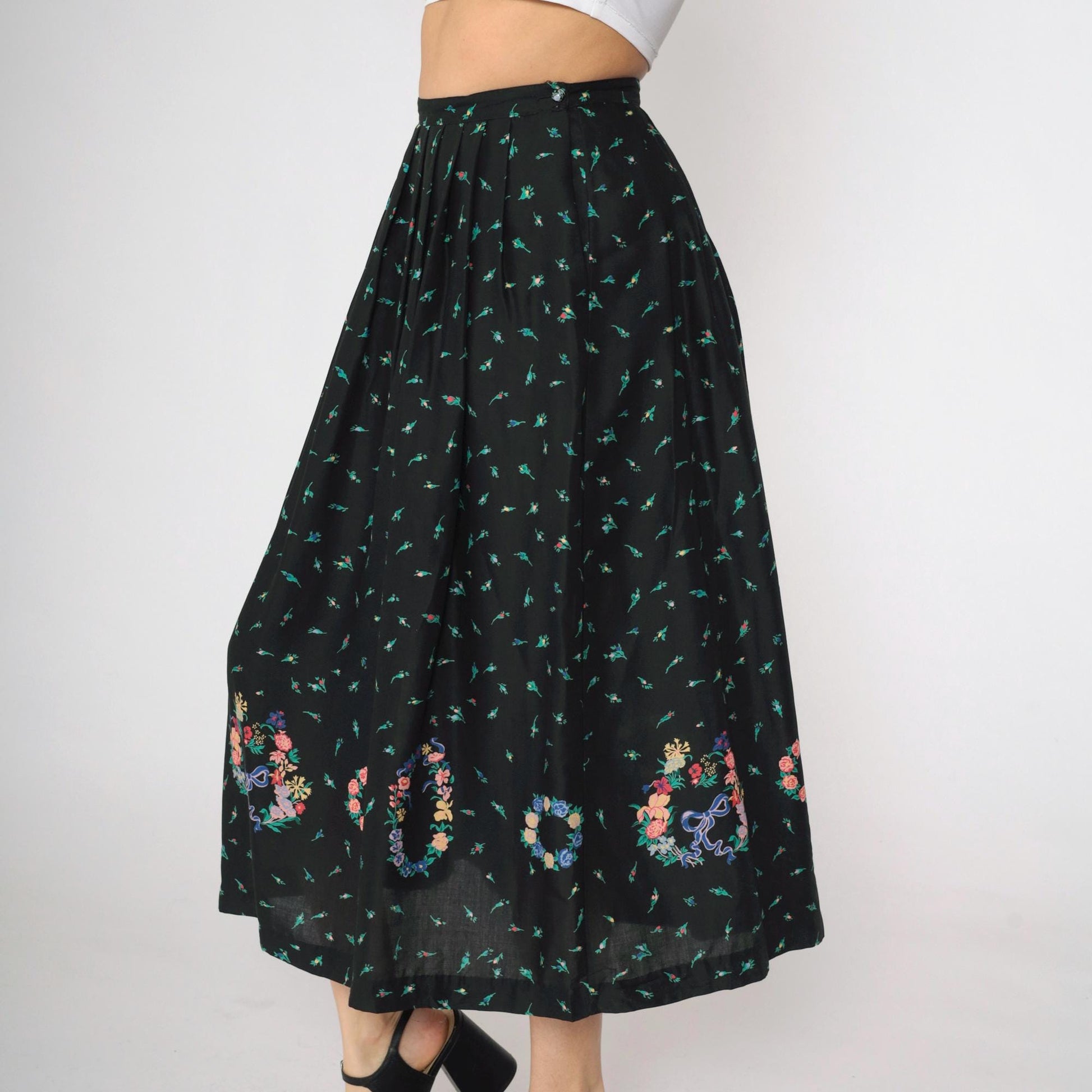 90s The Eagle's Eye Floral Midi Skirt Black Botanical Rayon Small