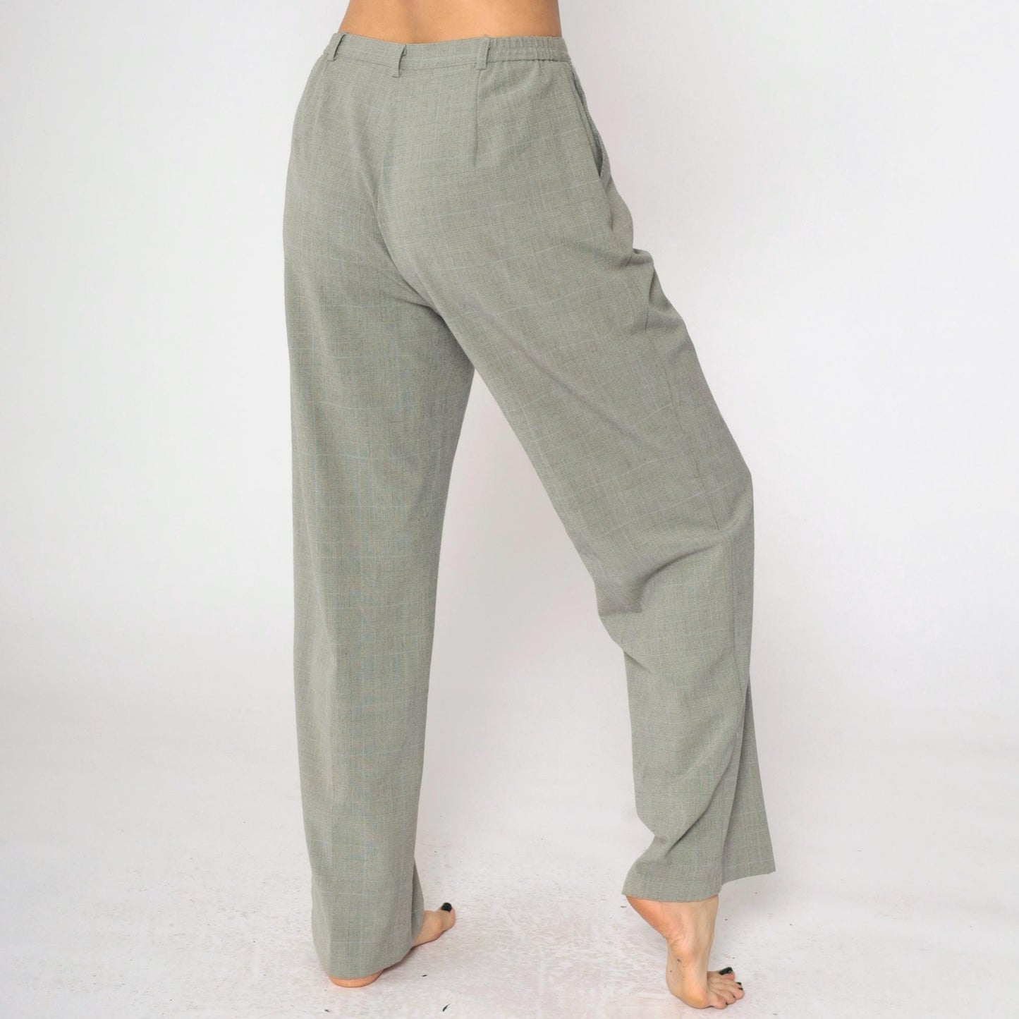 90s Grey Plaid Straight Leg Trousers High Rise Vintage Kim Rogers Medium