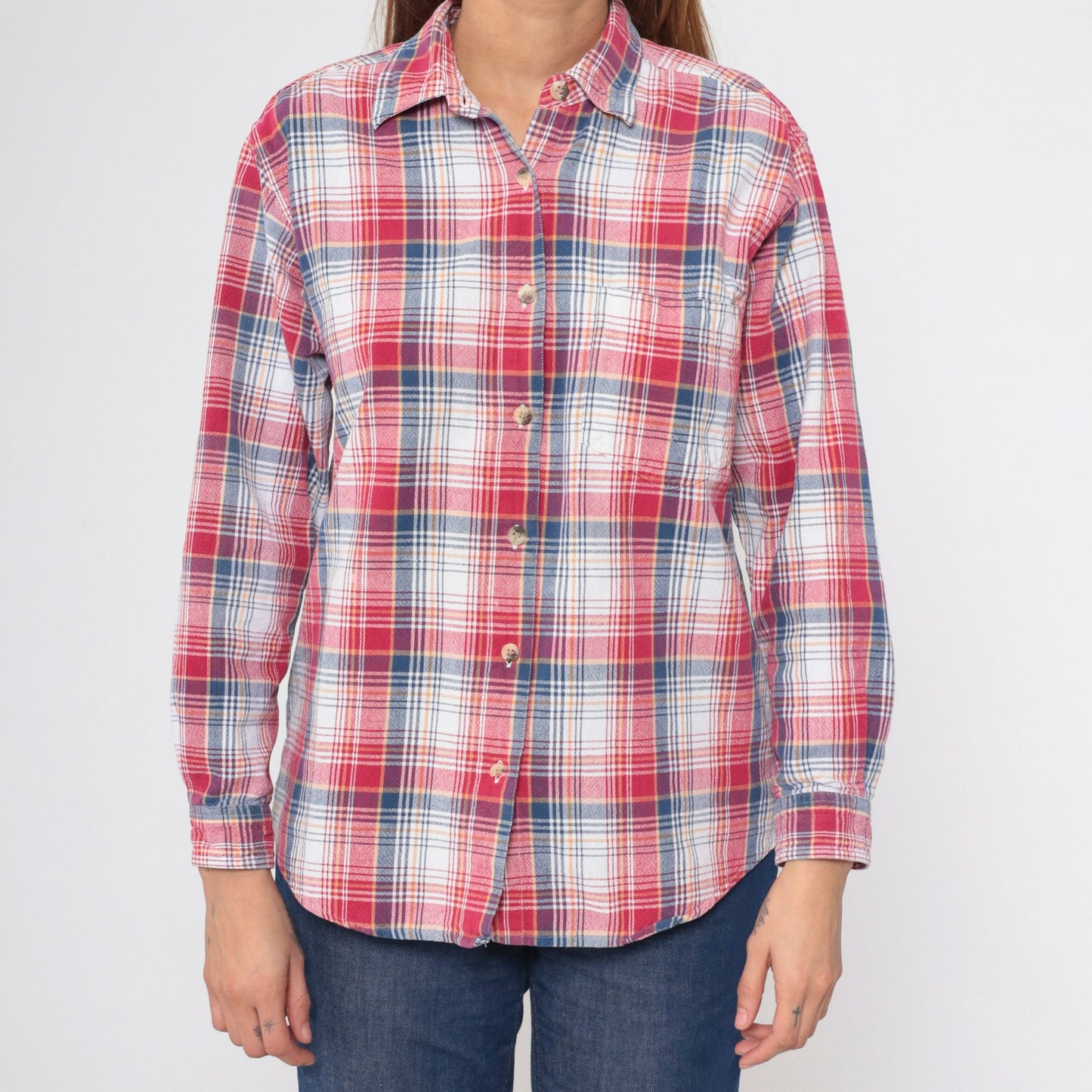 90s Plaid Button Up Shirt Red White Blue Checkered Long Sleeve Medium