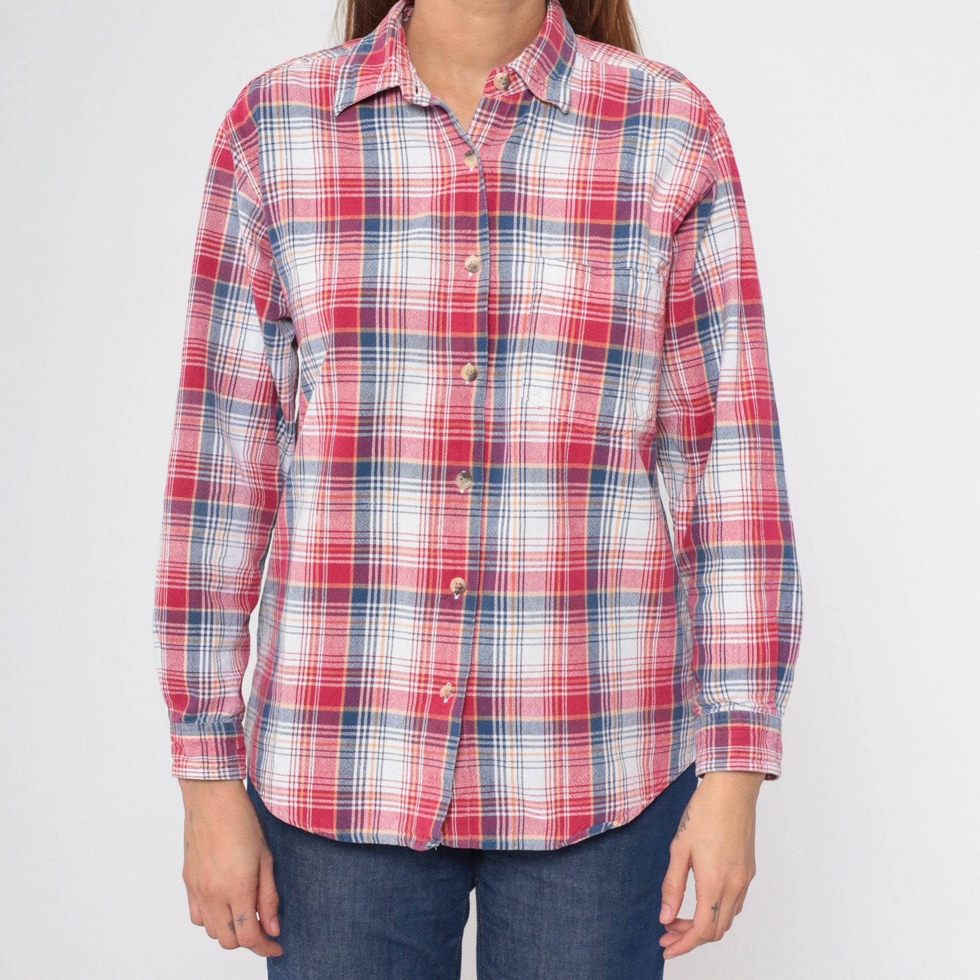 90s Plaid Button Up Shirt Red White Blue Checkered Long Sleeve Medium
