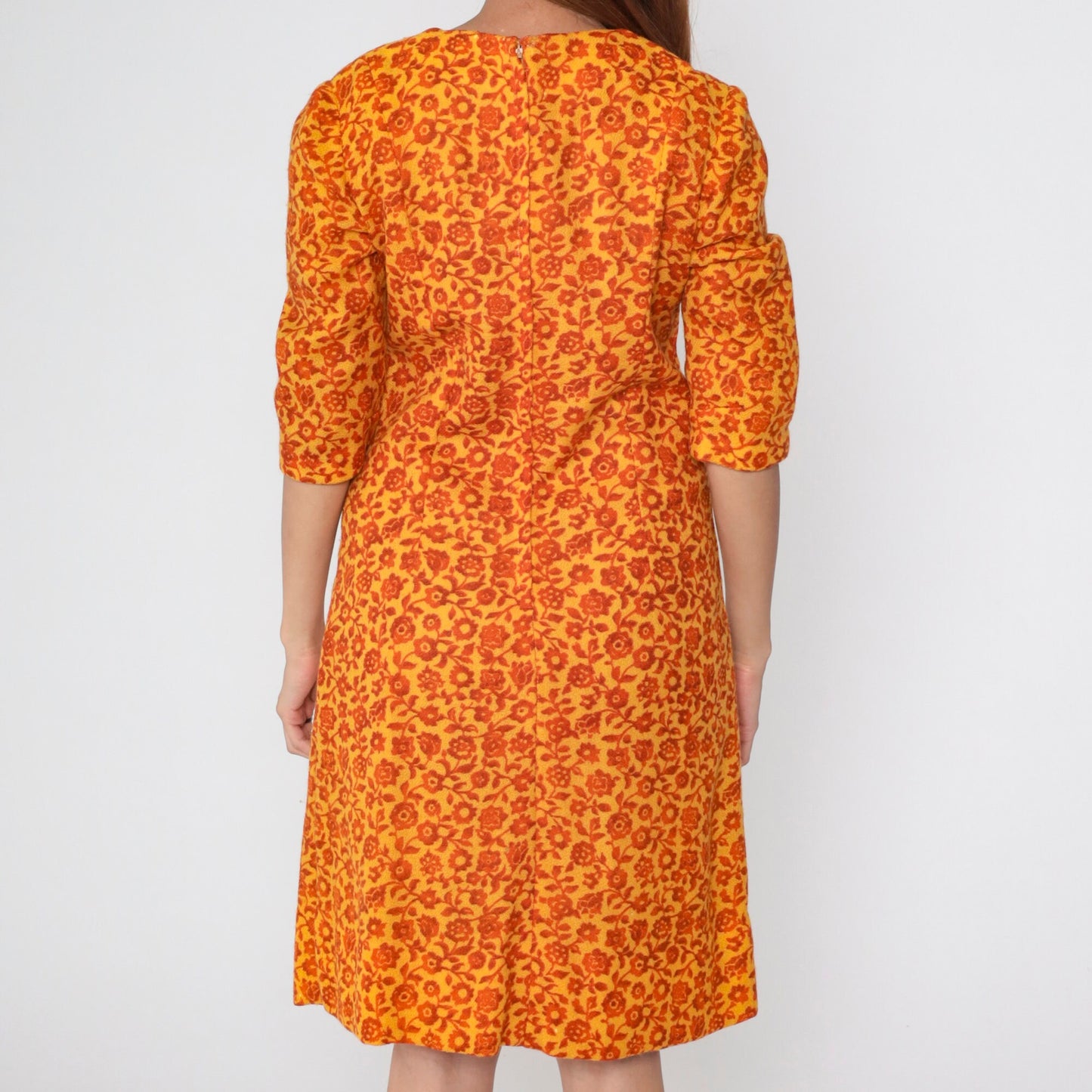 60s Floral Wool Shift Dress Yellow Orange Mod 3/4 Sleeve Small