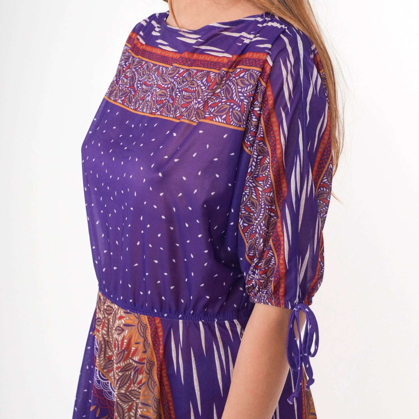 70s Purple Leaf Print Midi Dress Dolman Tie Sleeves Elastic Waist Small Medium