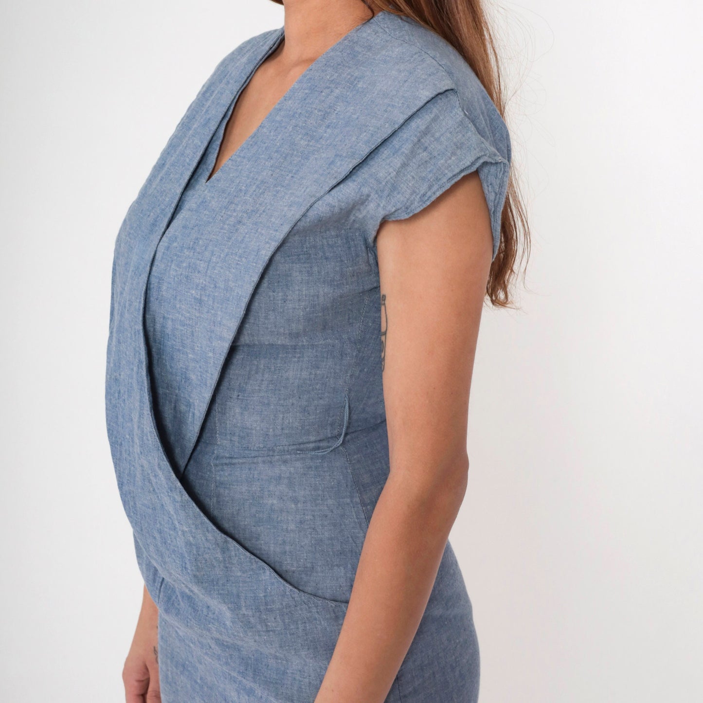 80s Blue Criss-Cross Wrap Midi Dress V-Neck Short Sleeve Small S