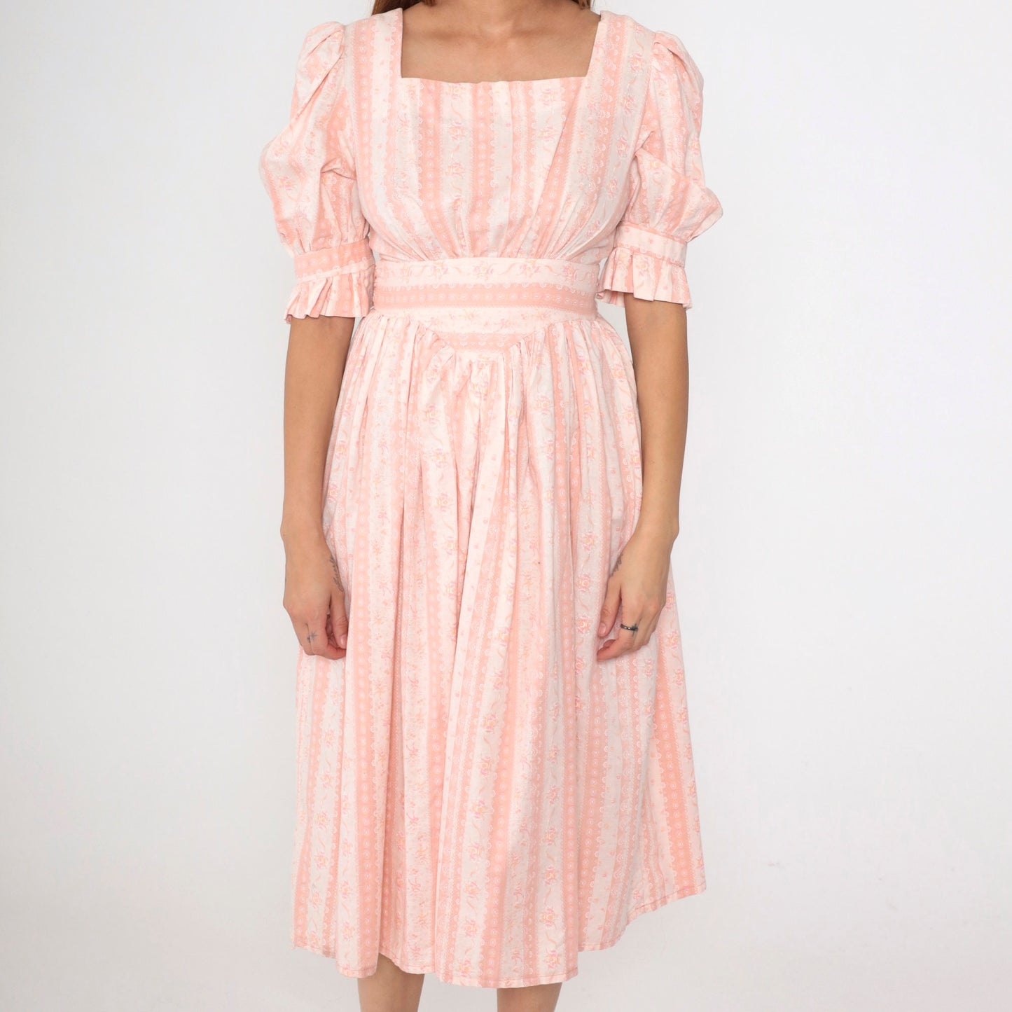 70s Pink Floral Midi Dress Puff Sleeve High Waist Small