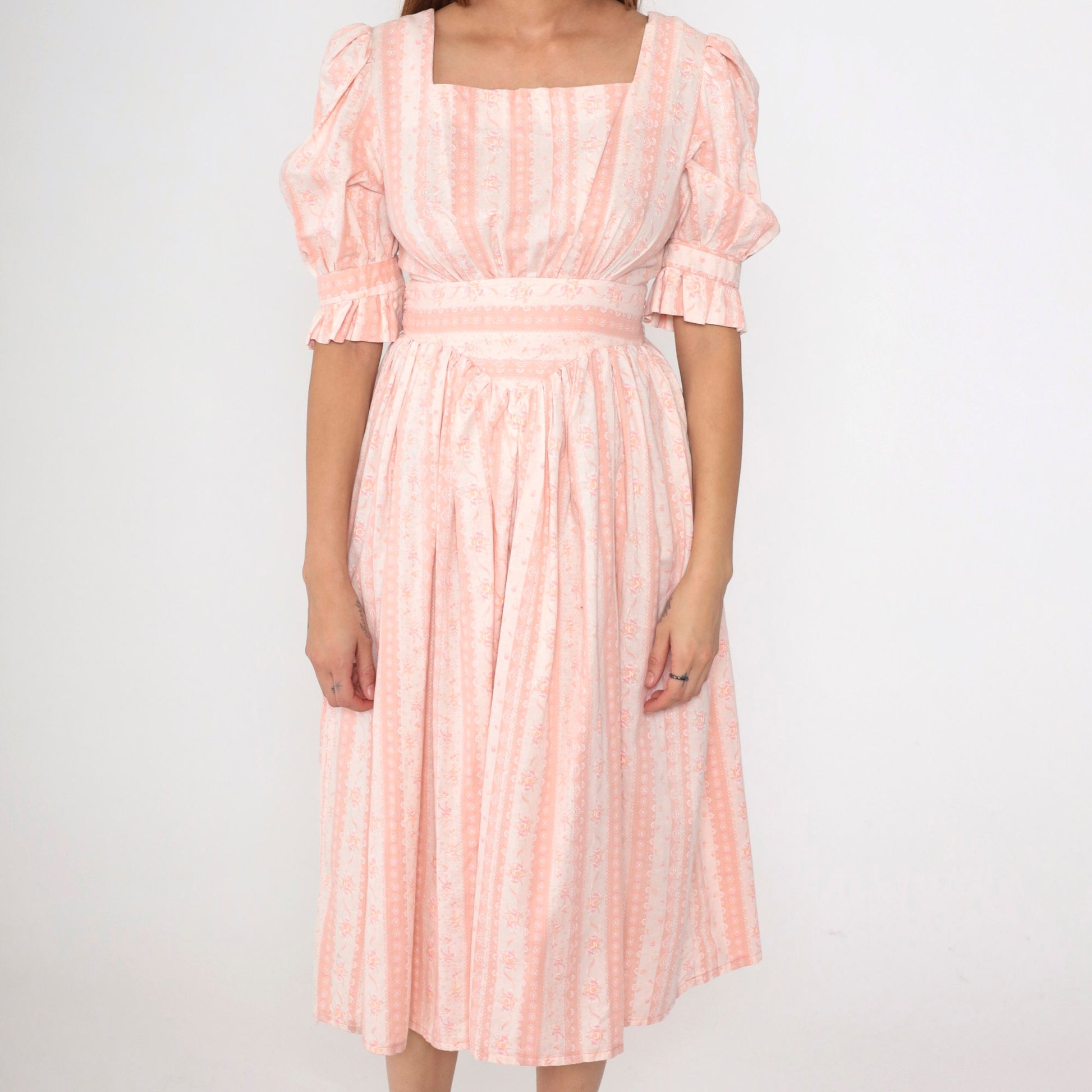 70s Pink Floral Midi Dress Puff Sleeve High Waist Small