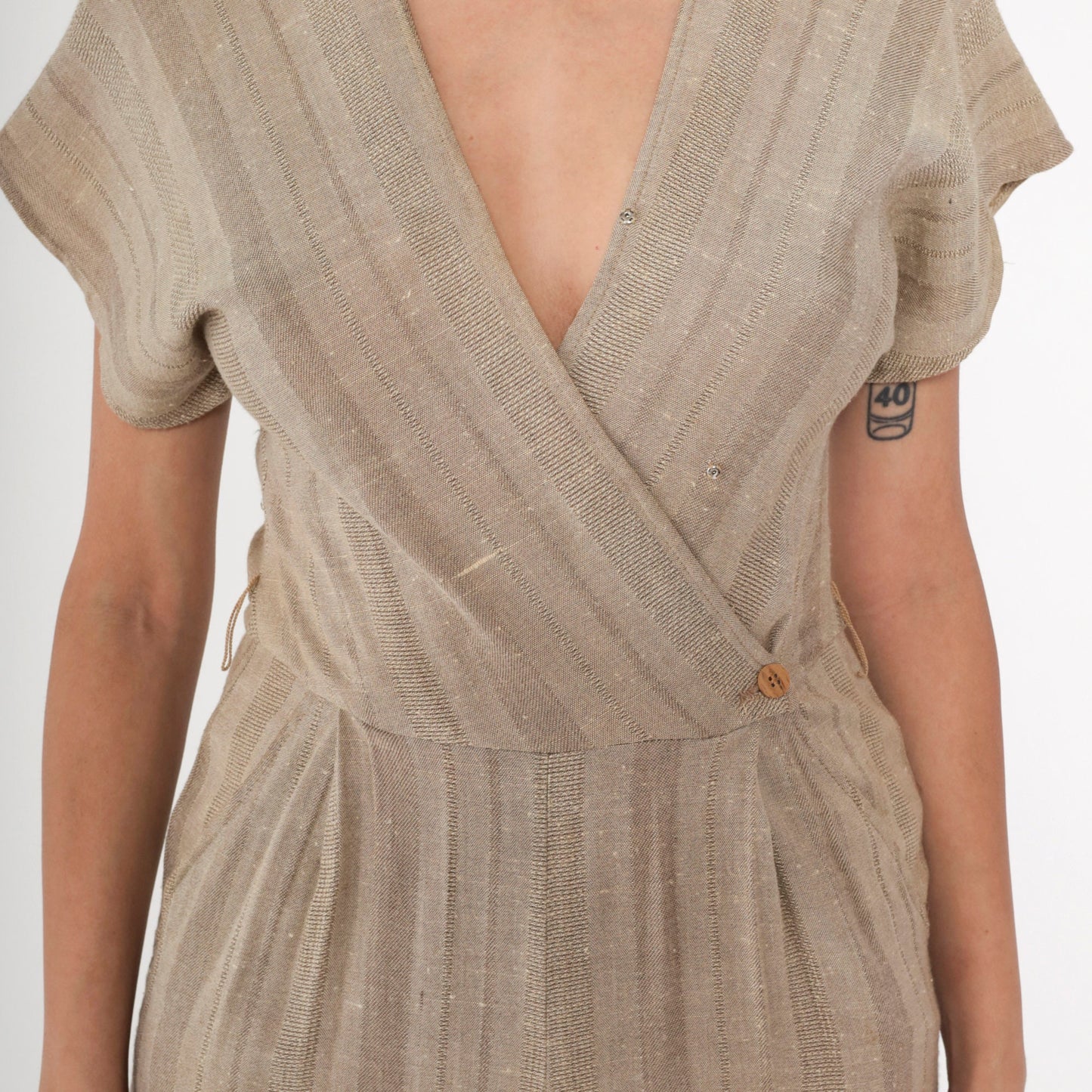 80s Pantasia Taupe Striped Wrap Jumpsuit Wide Leg V-Neck Small
