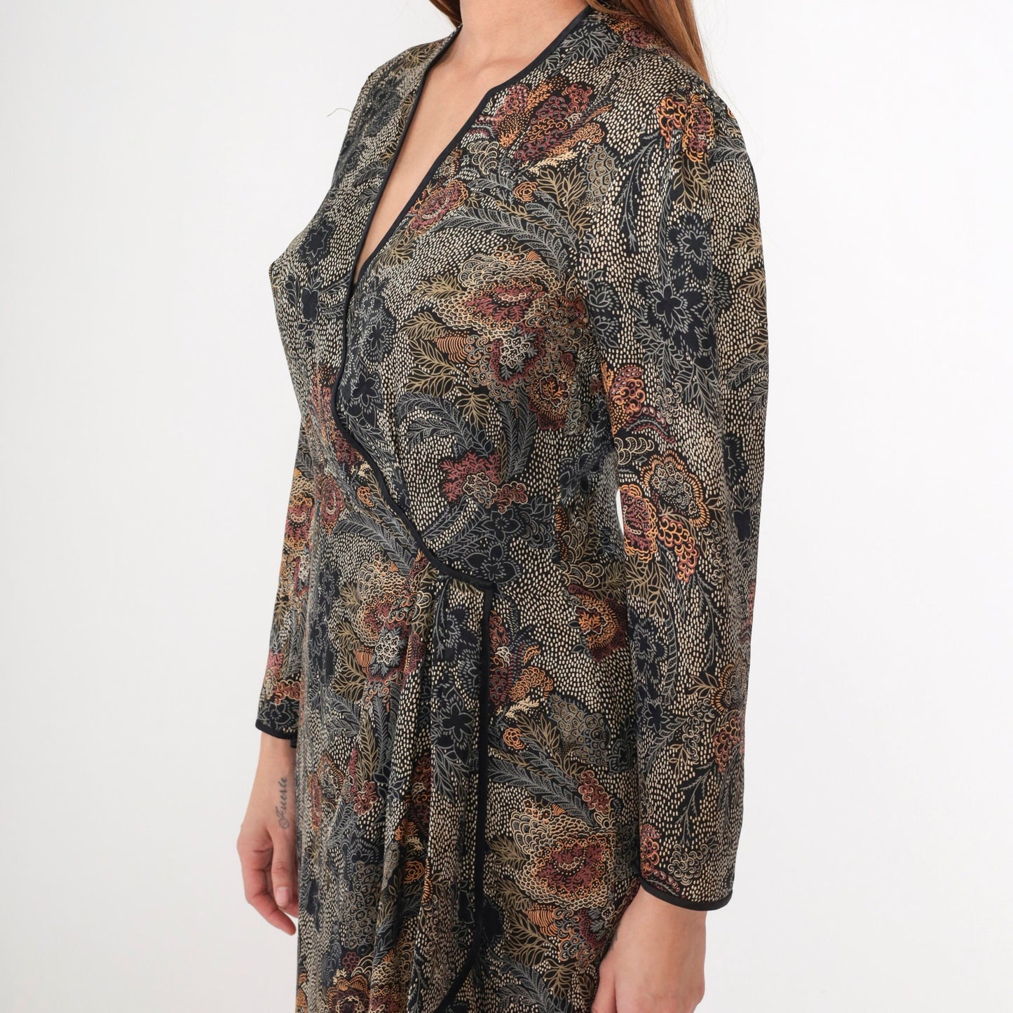 90s Silk Wrap Dress Floral Print V-Neck Long Sleeve Knee Length Black Medium