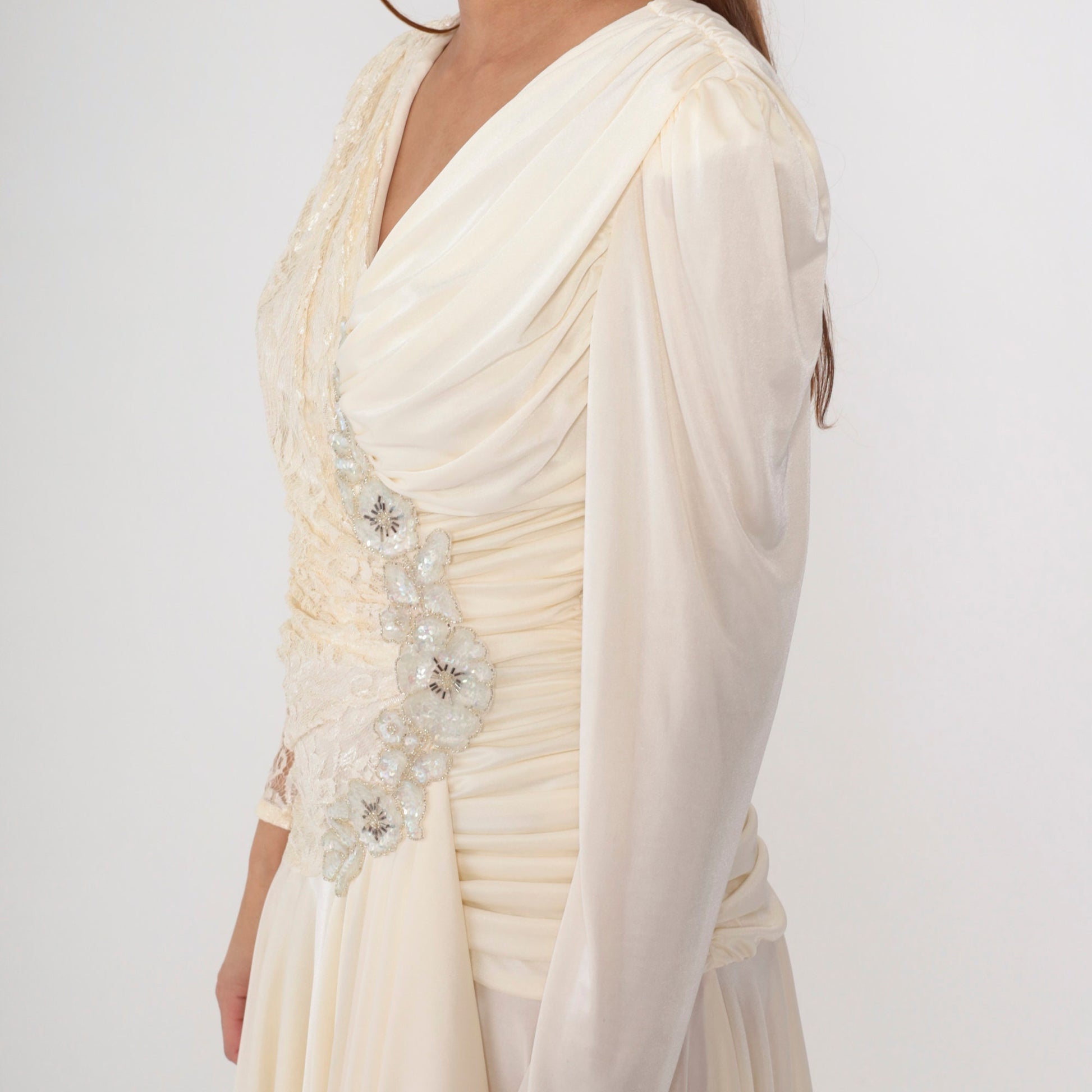 80s Off-White Lace Midi Dress Beaded Sequin V-Neck Puff Sleeve Small