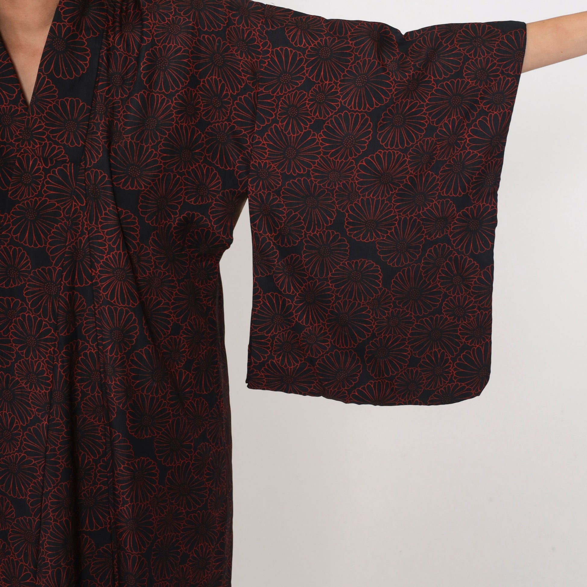 60s Black Kimono Robe Red Floral Print Full Length Maxi Large L
