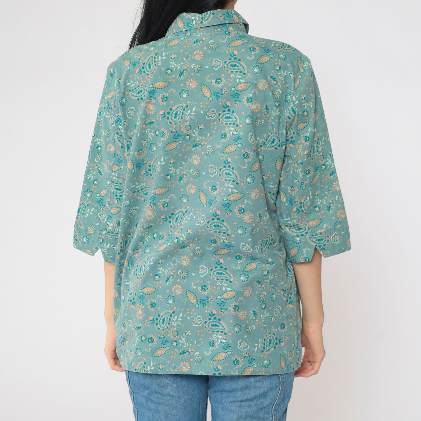 Y2K Green Orange Paisley Button-Up Blouse 3/4 Sleeve Collared Top Medium